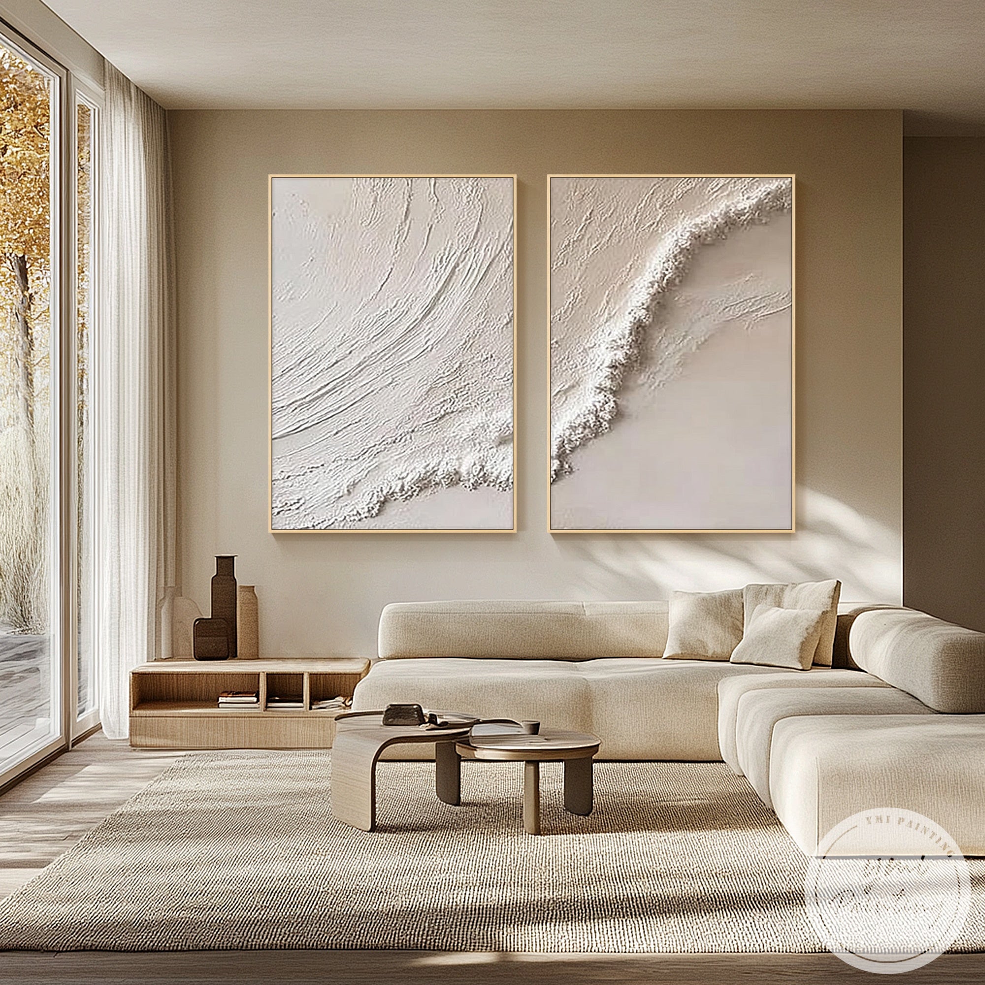 textured abstract wall art two panel beige tones