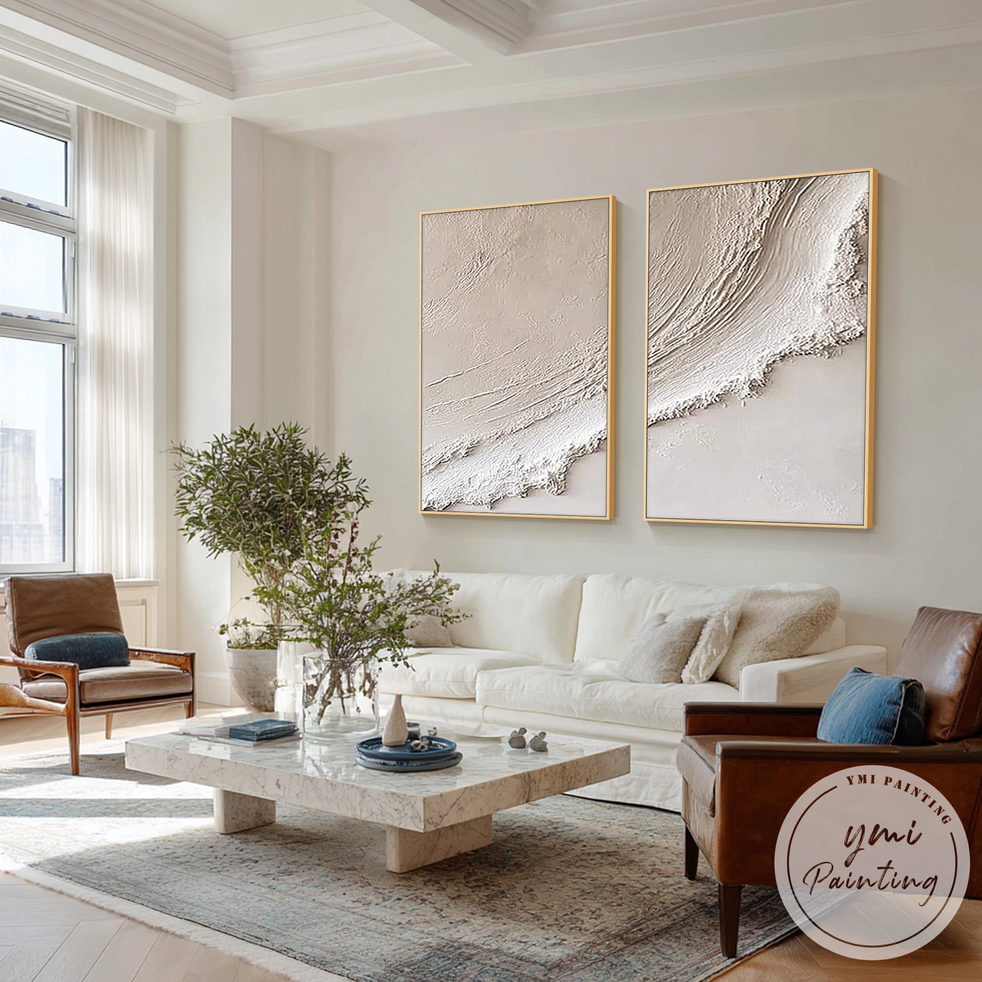 textured beige abstract wall art two panel design