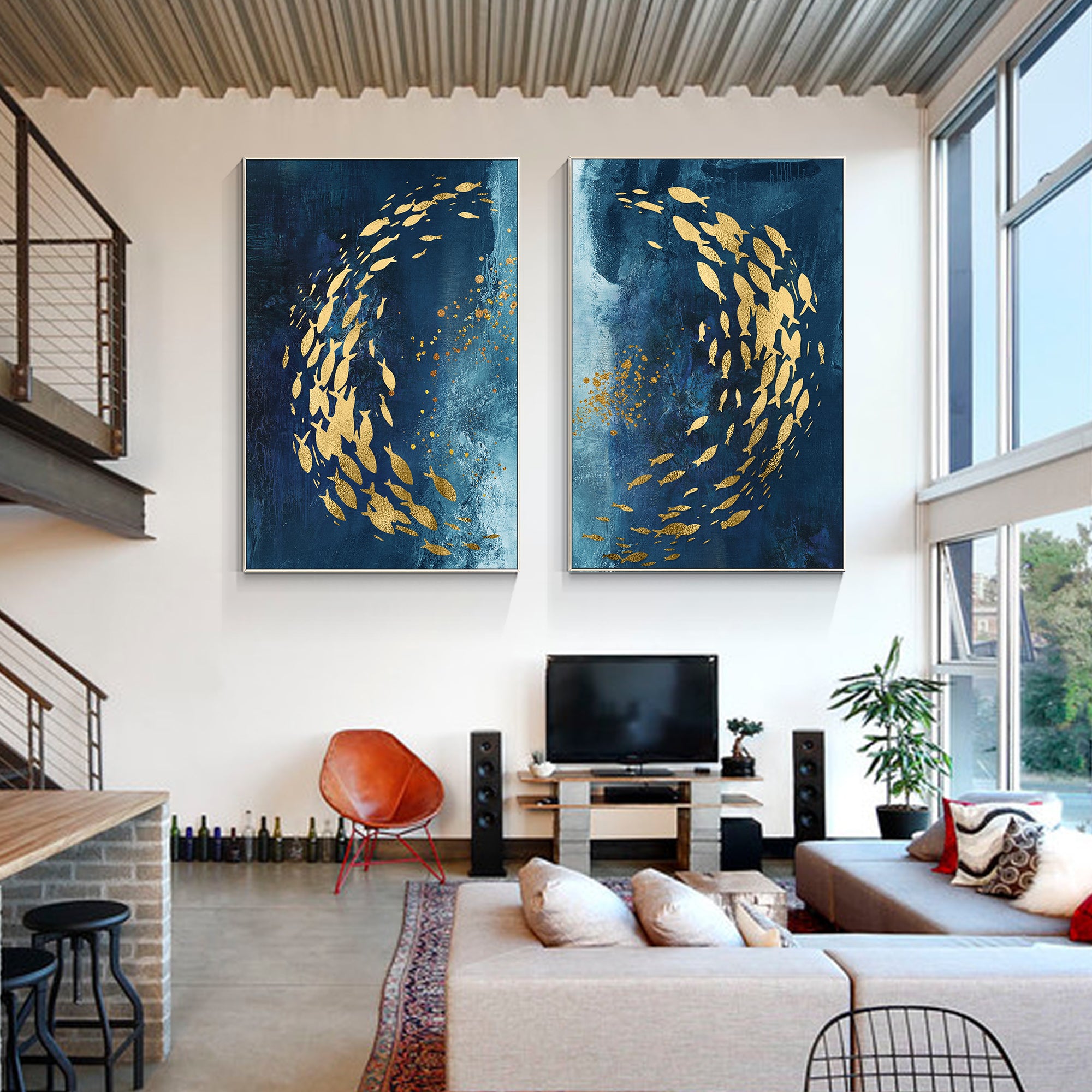 Set of 2 Navy Blue Gold Abstract School Fish Painting Wall Art