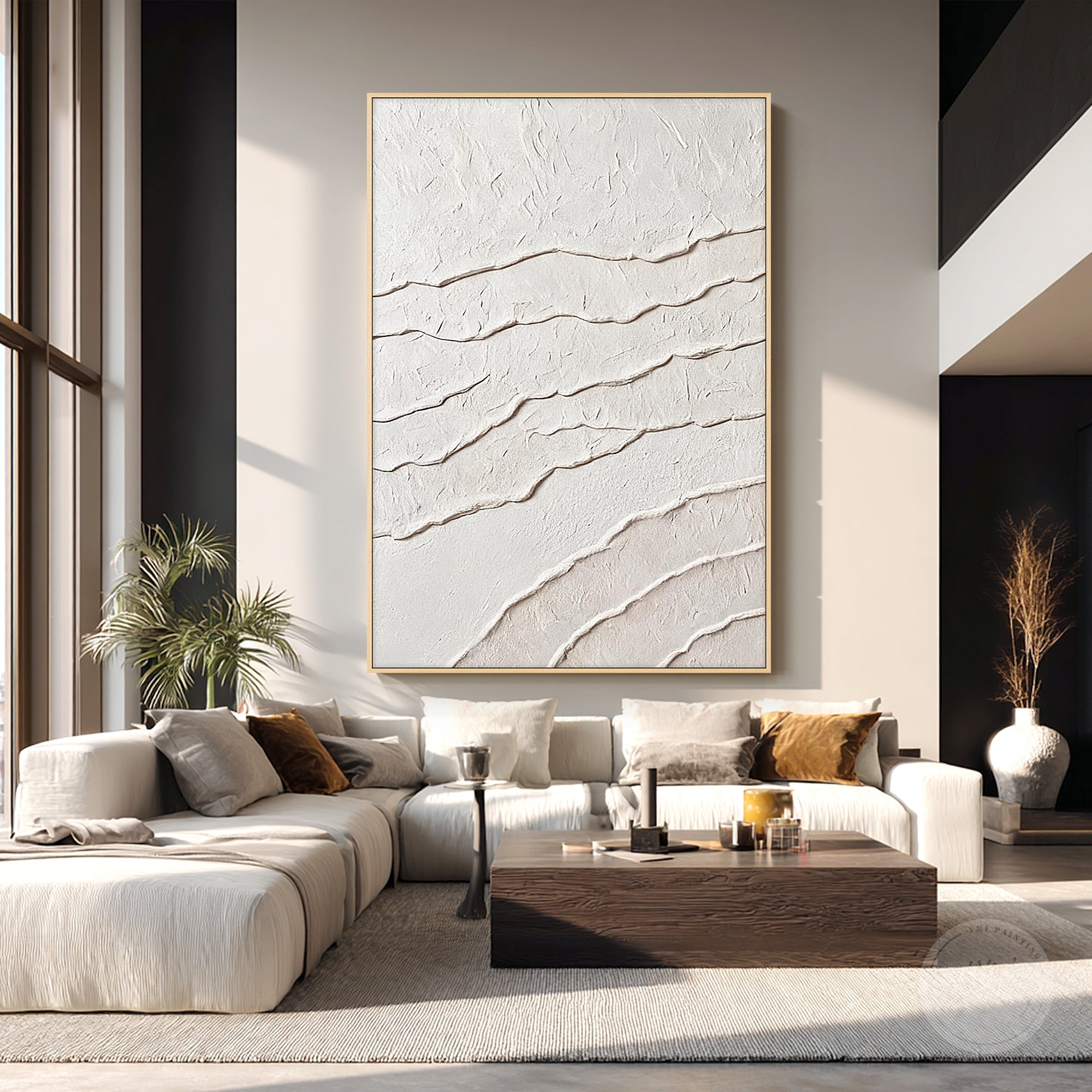 Modern organic textured wall art in white and beige