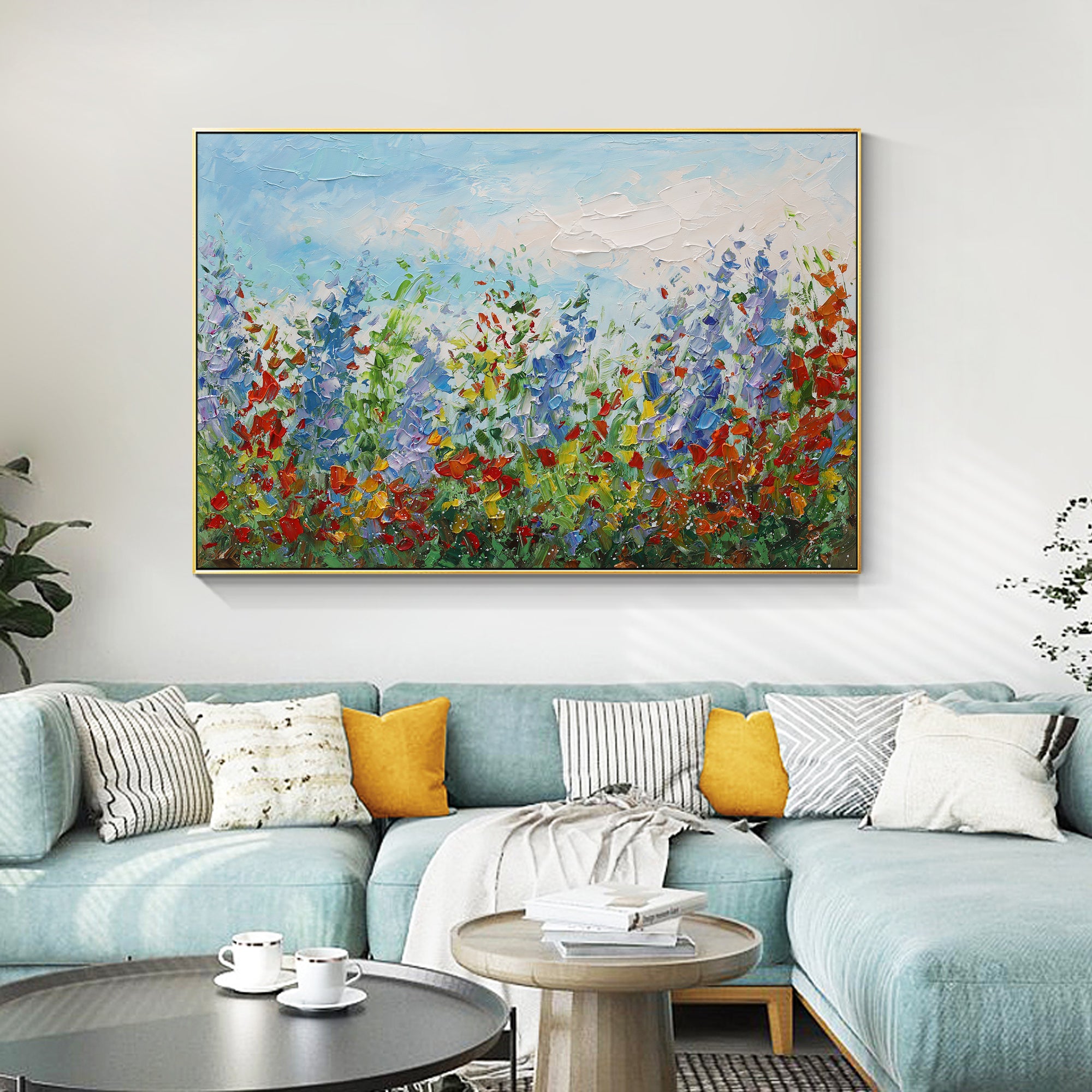 Vivid Blue Red Abstract Wild Flower wall art Textured Painting