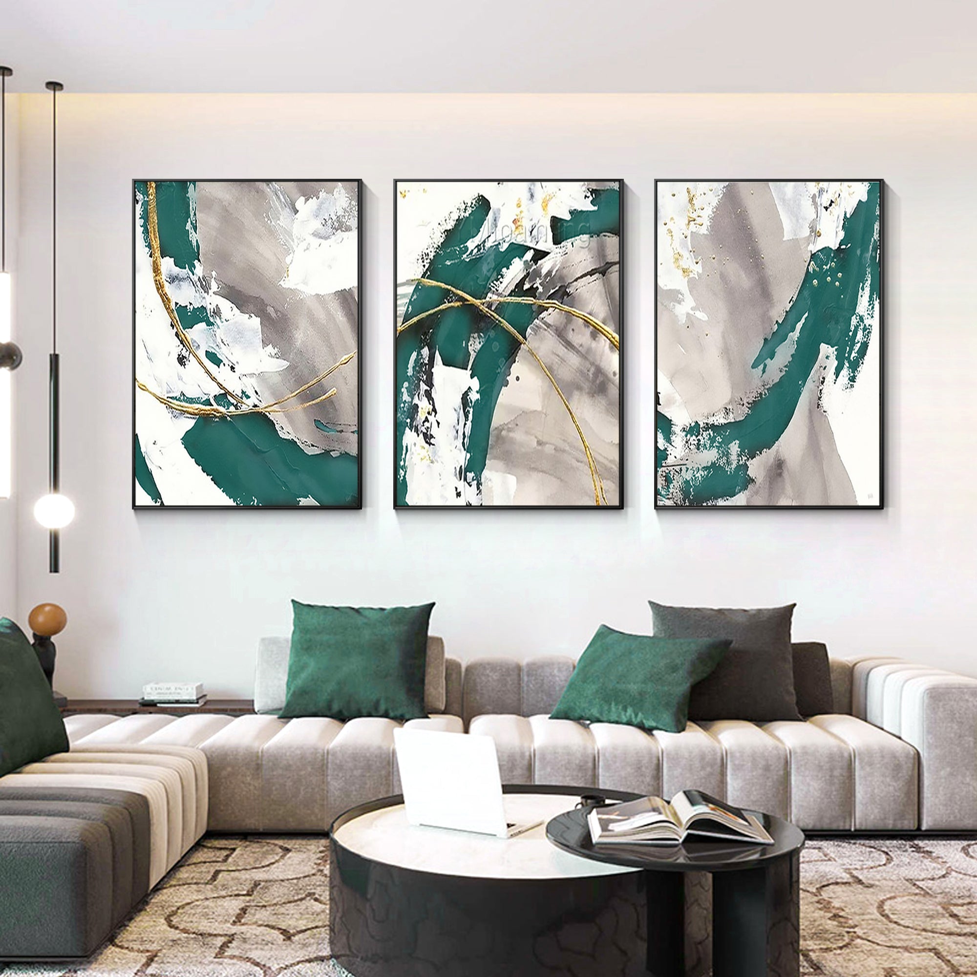 Triple Turquoise Gold Gray Abstract Painting Wall Art