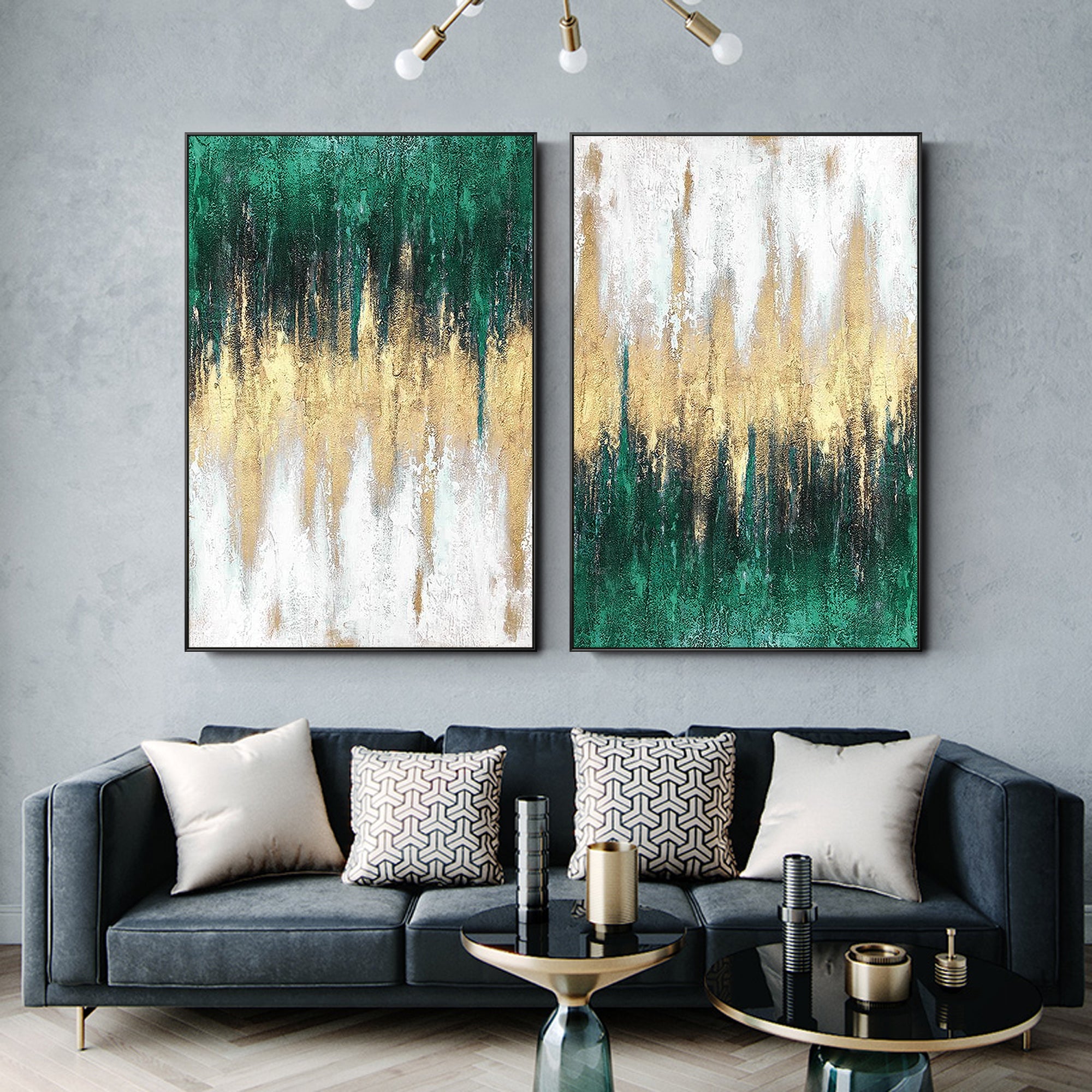 Set of 2 Emerald Green Abstract Painting Wall Art