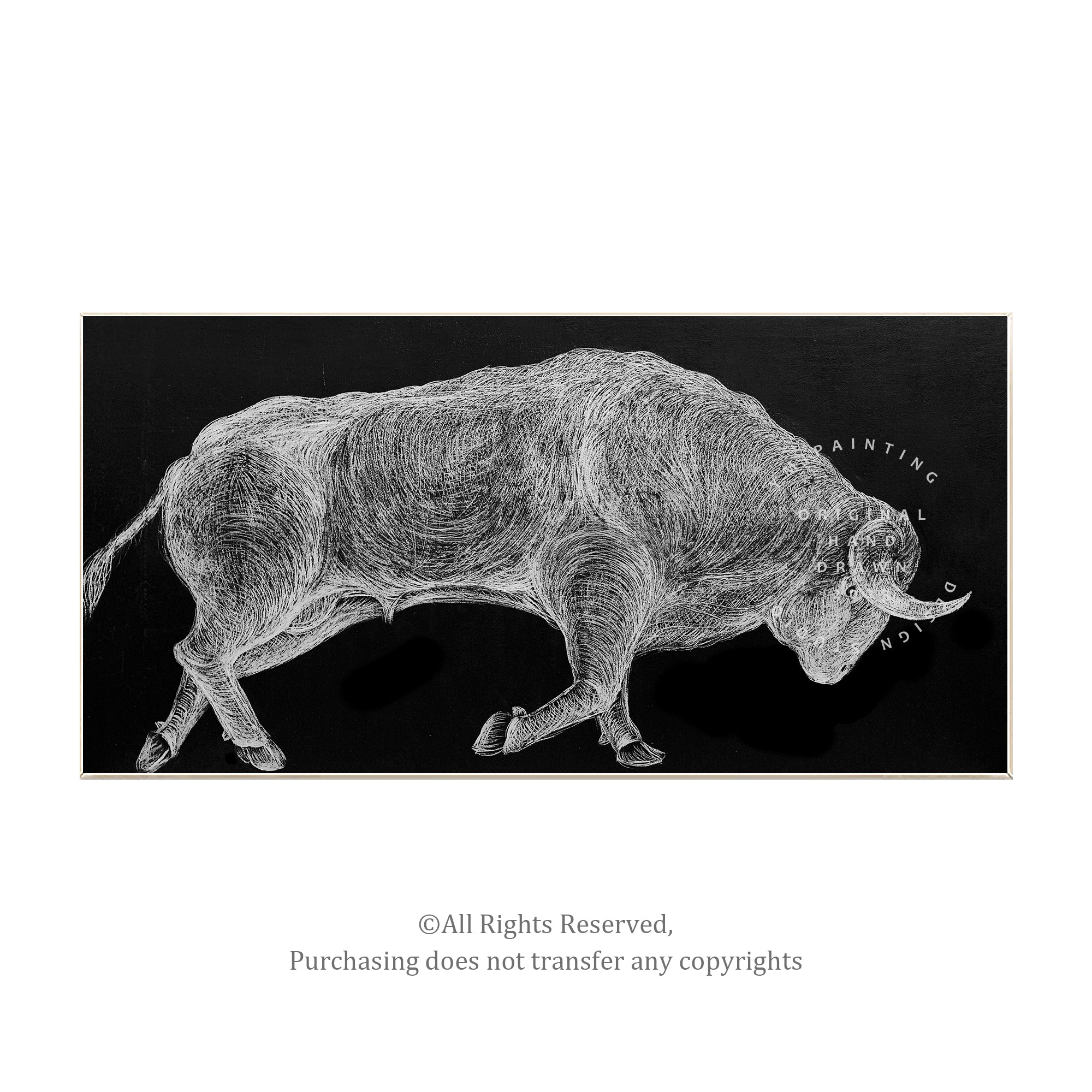Original silver bull painting, full of energy and power, perfect for modern office decor.