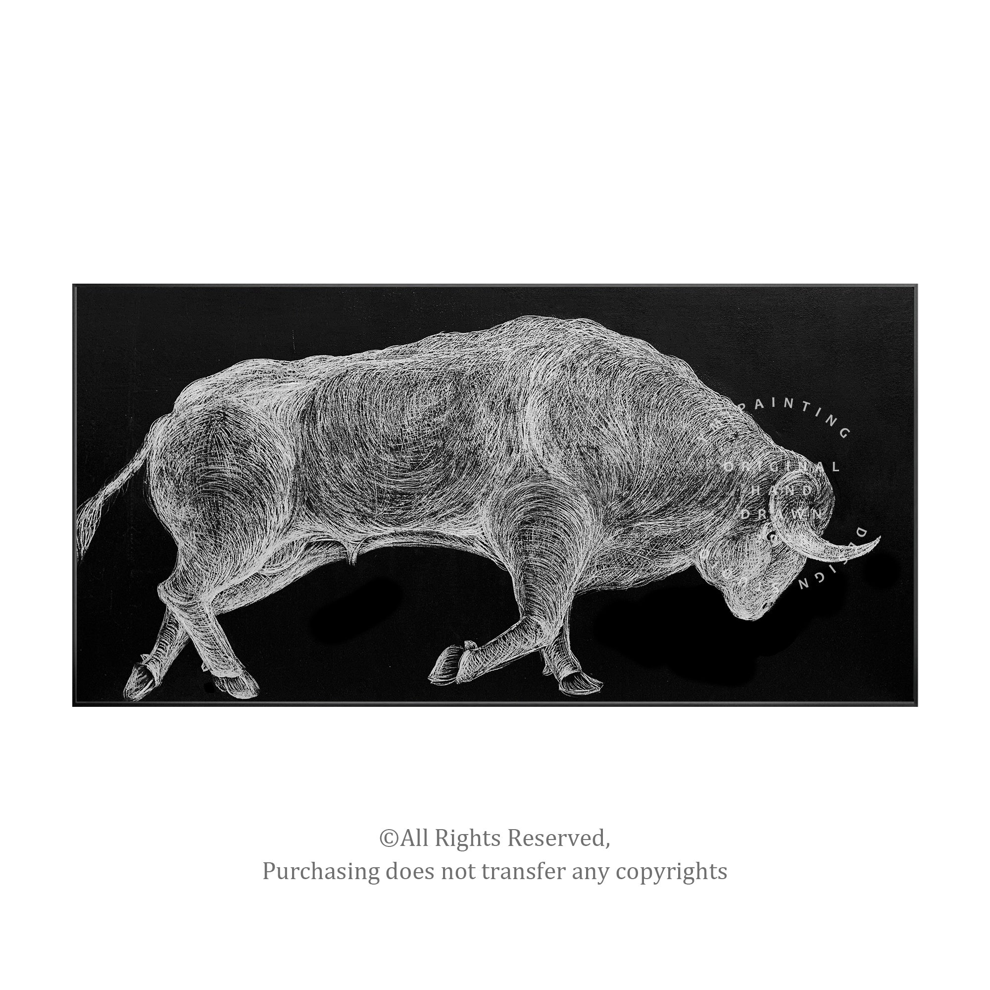 Running bull abstract art with textured silver detailing, perfect for adding a dynamic focal point to your office.
