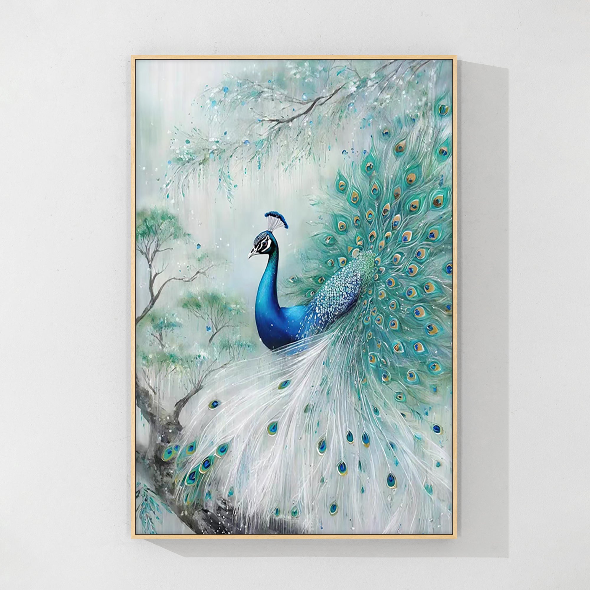 Luxury oil painting of a peacock in aqua and turquoise, perfect for gifting to friends or family, ideal for living room, office, or hotel lobby décor.
