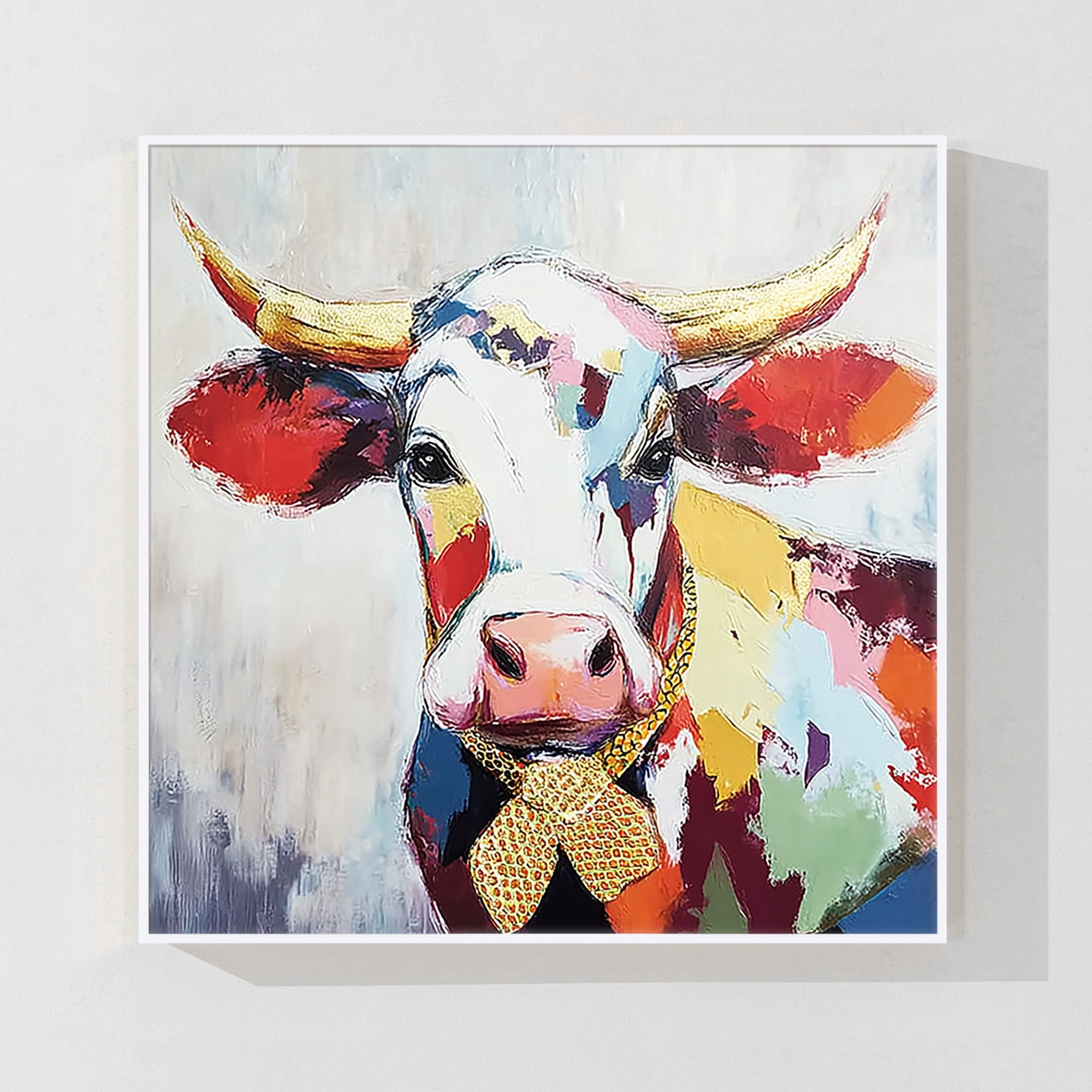 colorful cow portrait painting with vibrant abstract brushstrokes