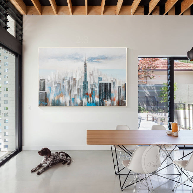 Framed Manhattan skyline painting in abstract style, perfect for adding a contemporary and bold focal point to any space.