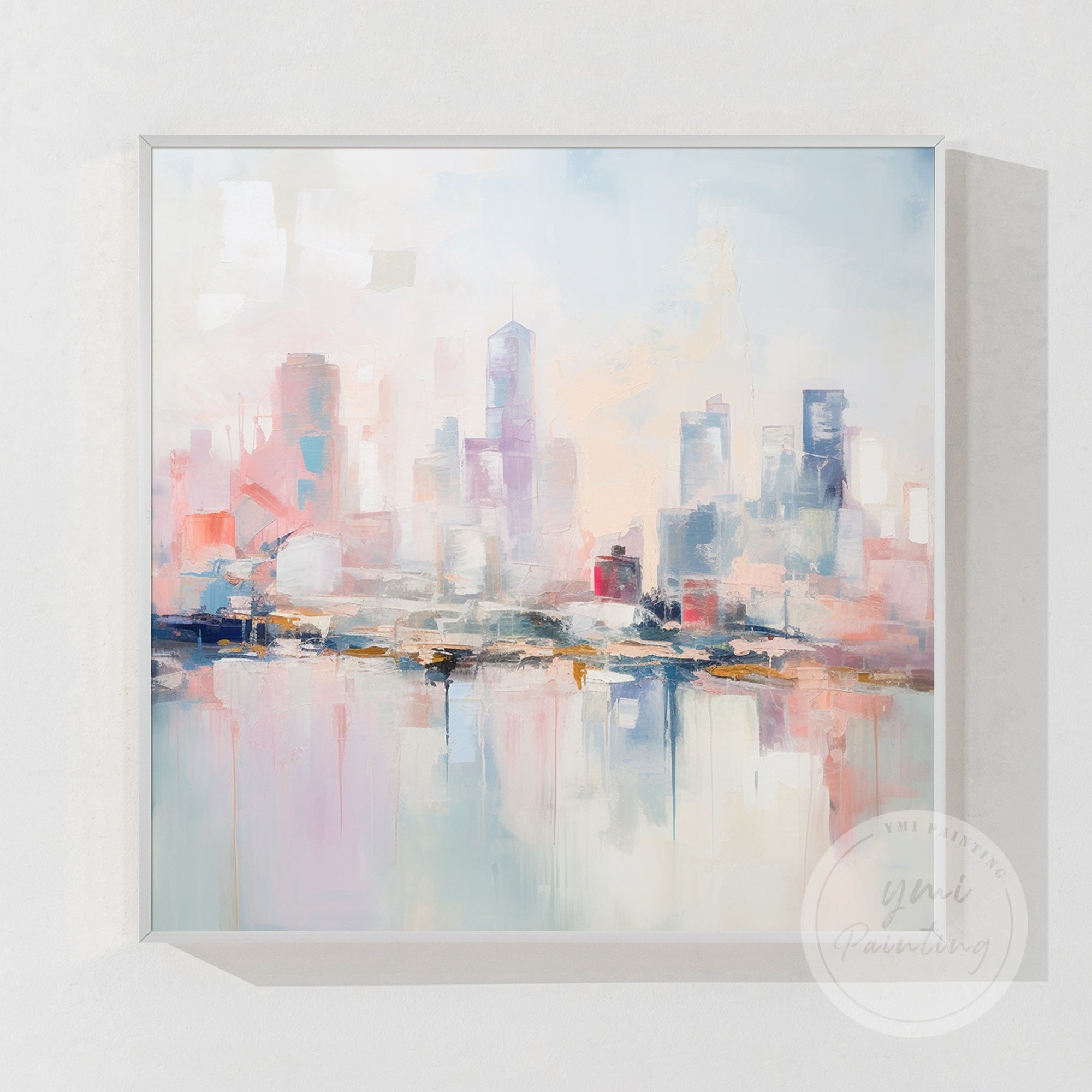 Pastel city painting with a soft and soothing skyline, using gentle pink and blue tones, perfect for creating a calm, relaxing atmosphere in your space.
