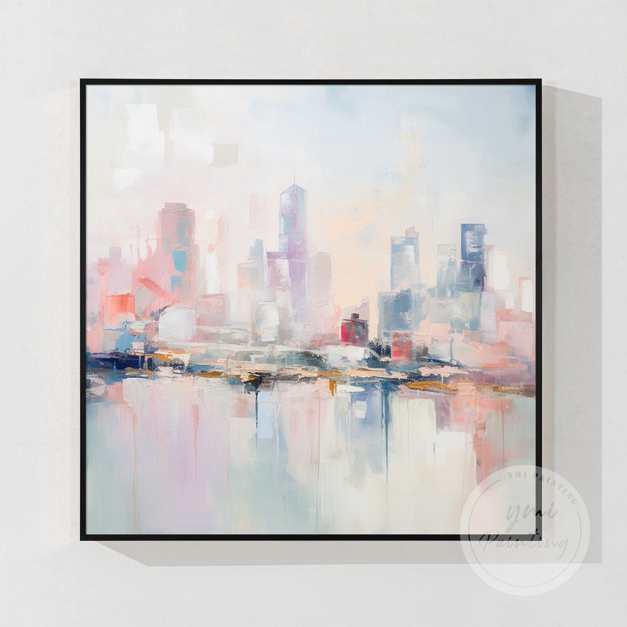 Original framed pastel city art, with a serene pink and blue skyline, perfect for creating a tranquil and stylish environment in your home or office.