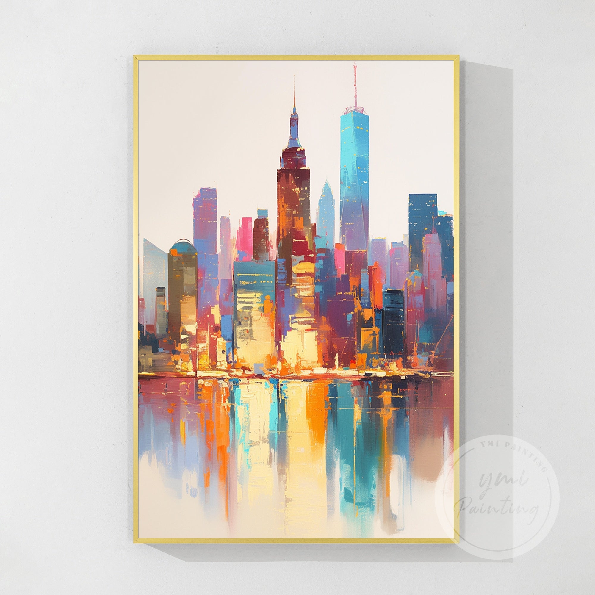 Large-scale abstract painting of New York buildings, with textured layers and energetic colors capturing the essence of the city.
