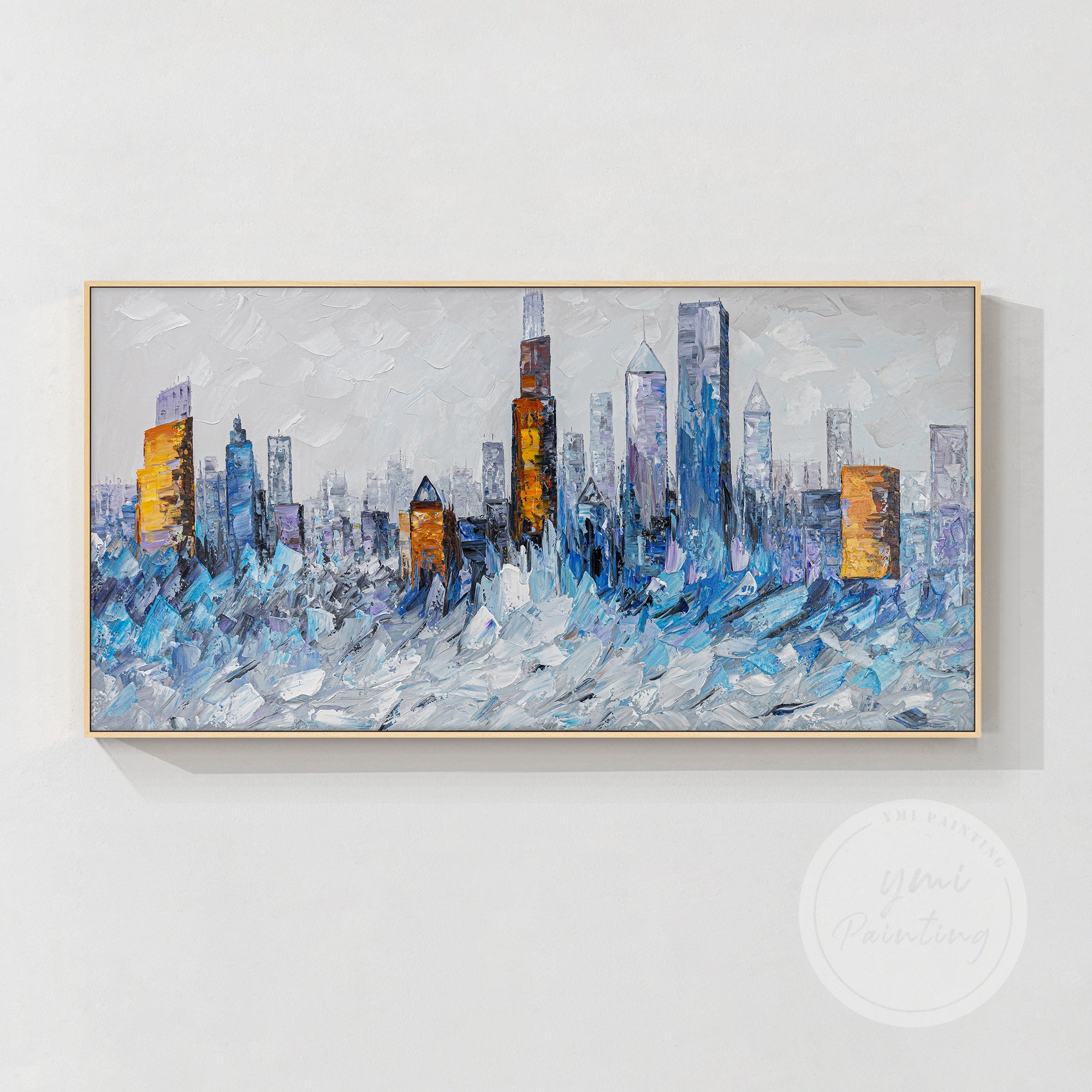 Original Chicago artwork with textured details, portraying the city’s skyline in a rich mix of blue and gold for a bold, eye-catching effect.