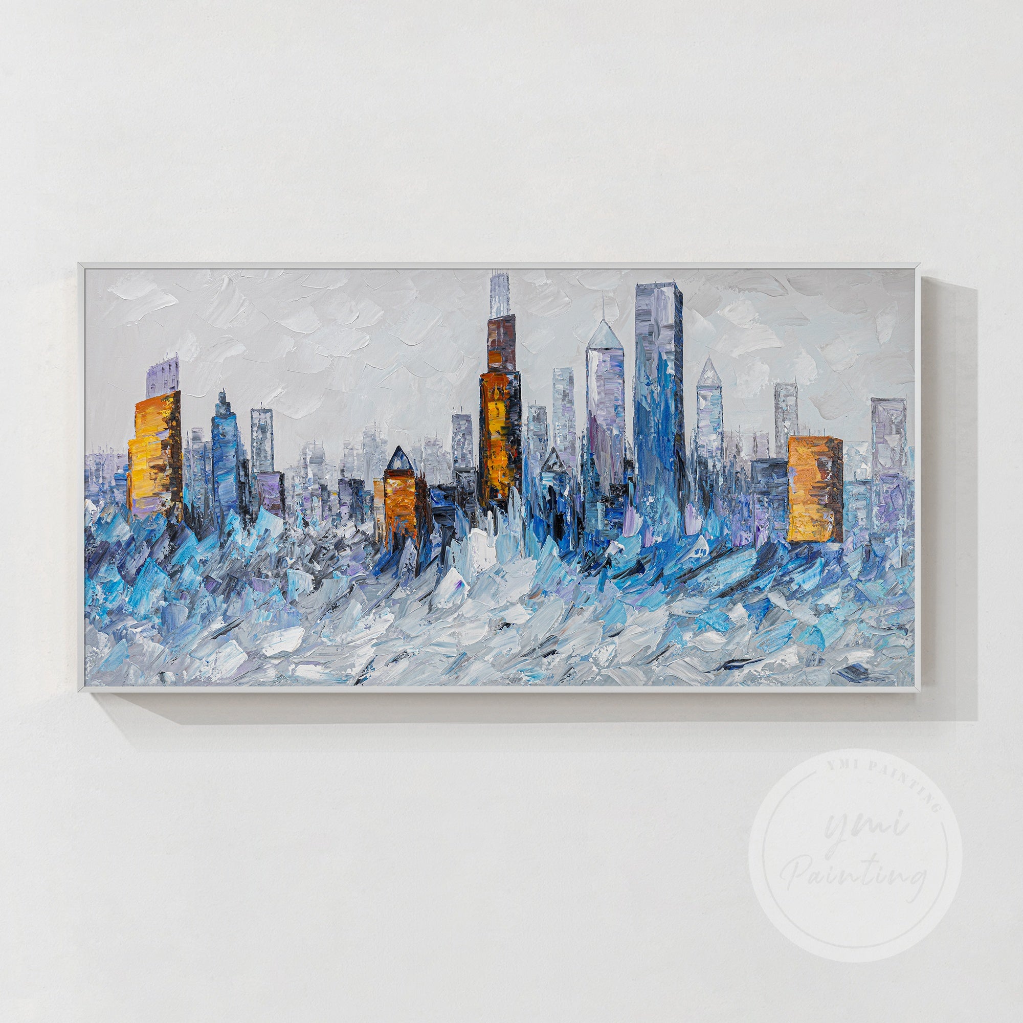 Abstract blue and gold Chicago canvas art, perfect for adding energy and sophistication to your living room or office.