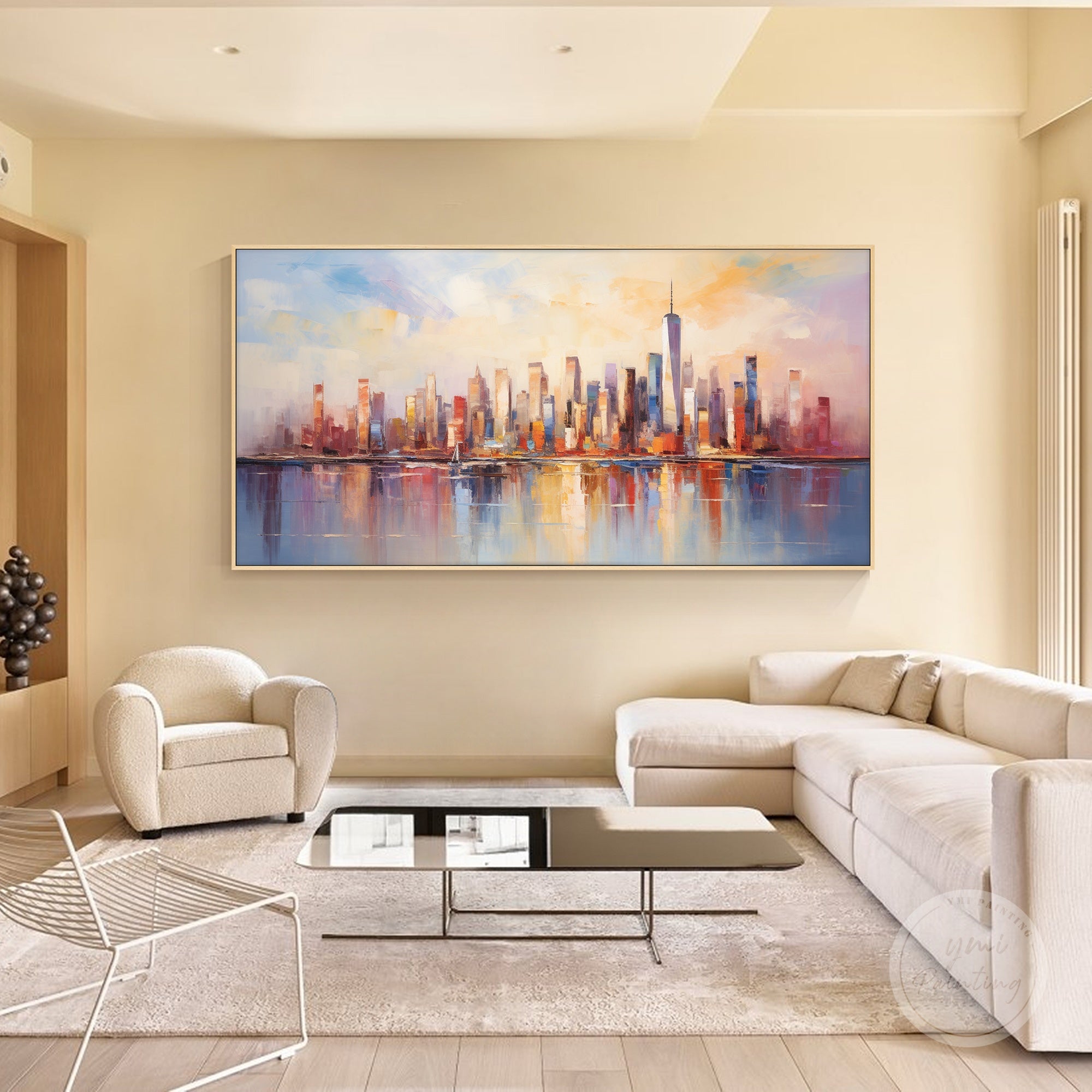 Hand-painted New York skyline artwork, perfect for modern wall decor.