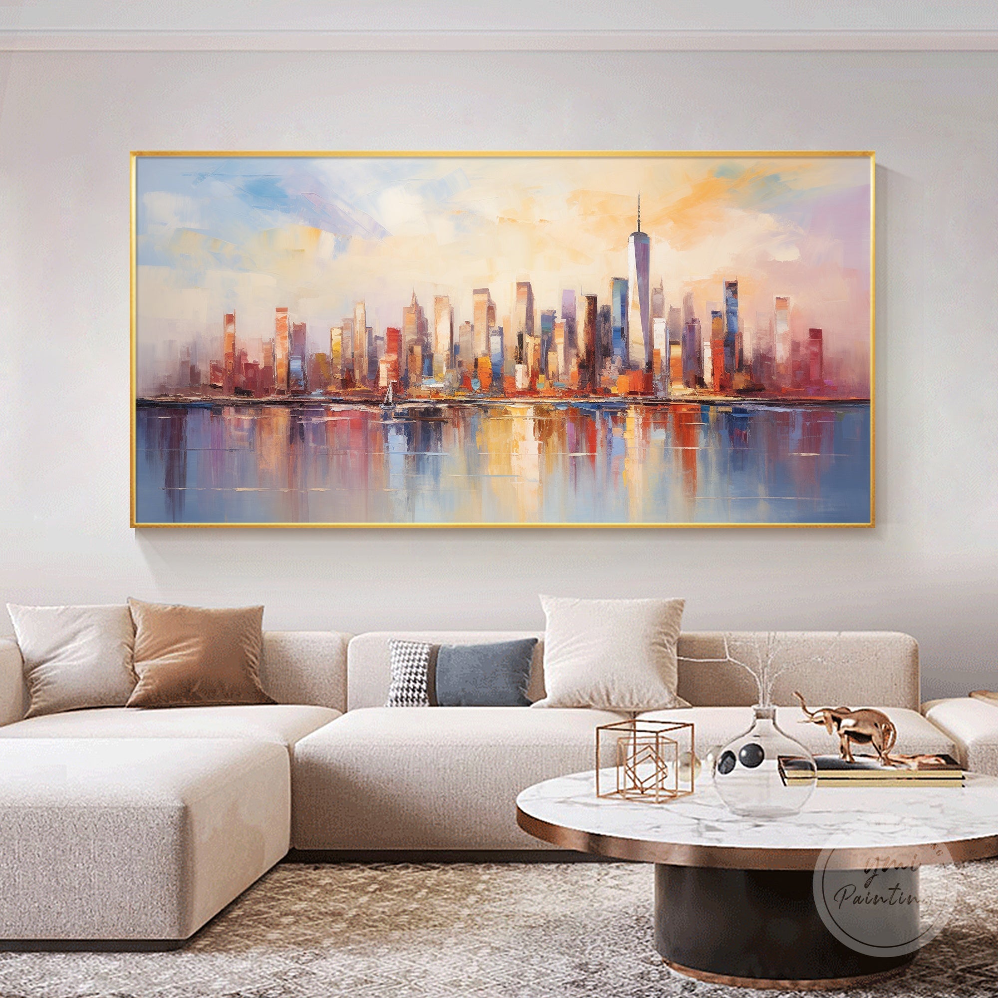 Large New York cityscape painting with textured urban details.