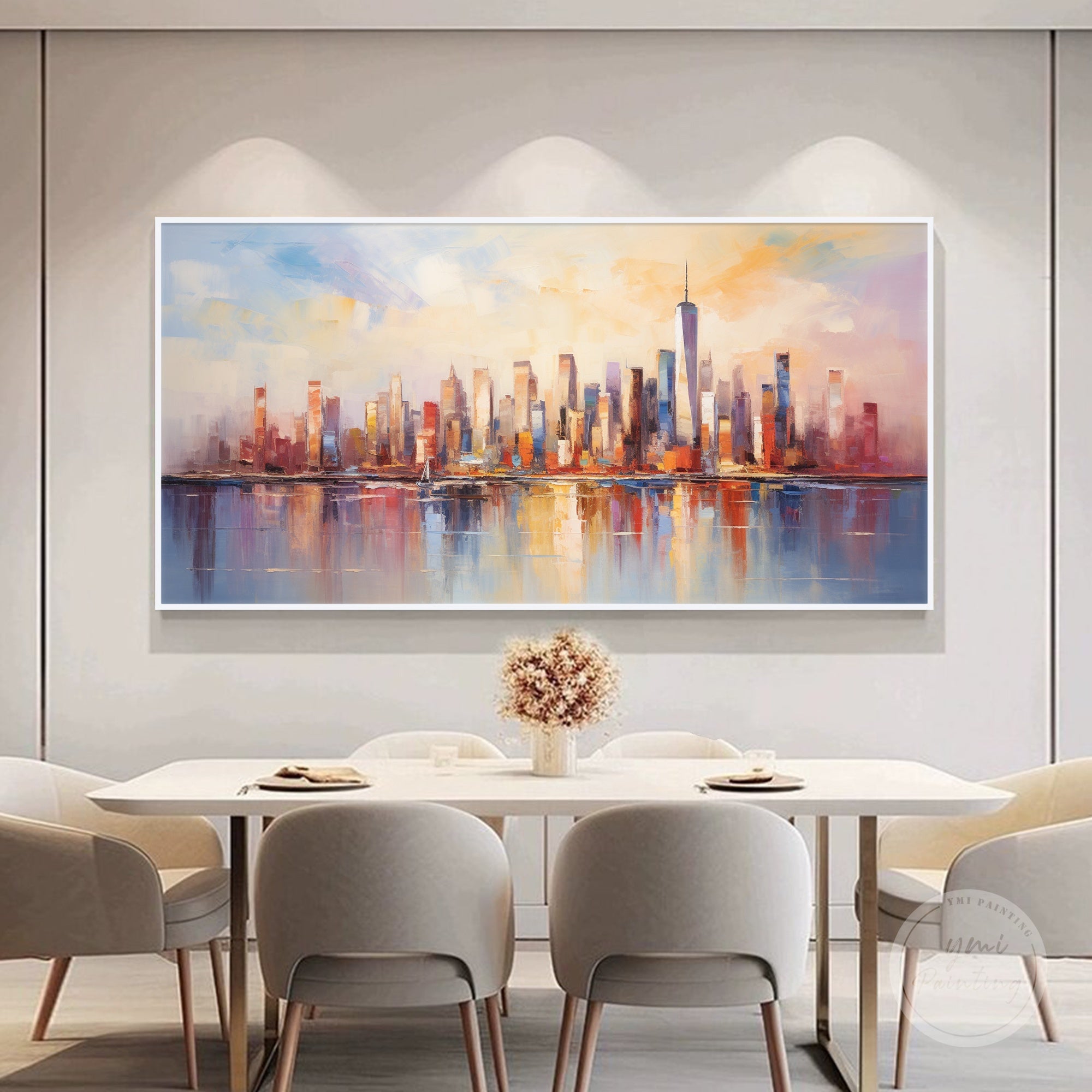 New York skyline oil painting capturing iconic city architecture.