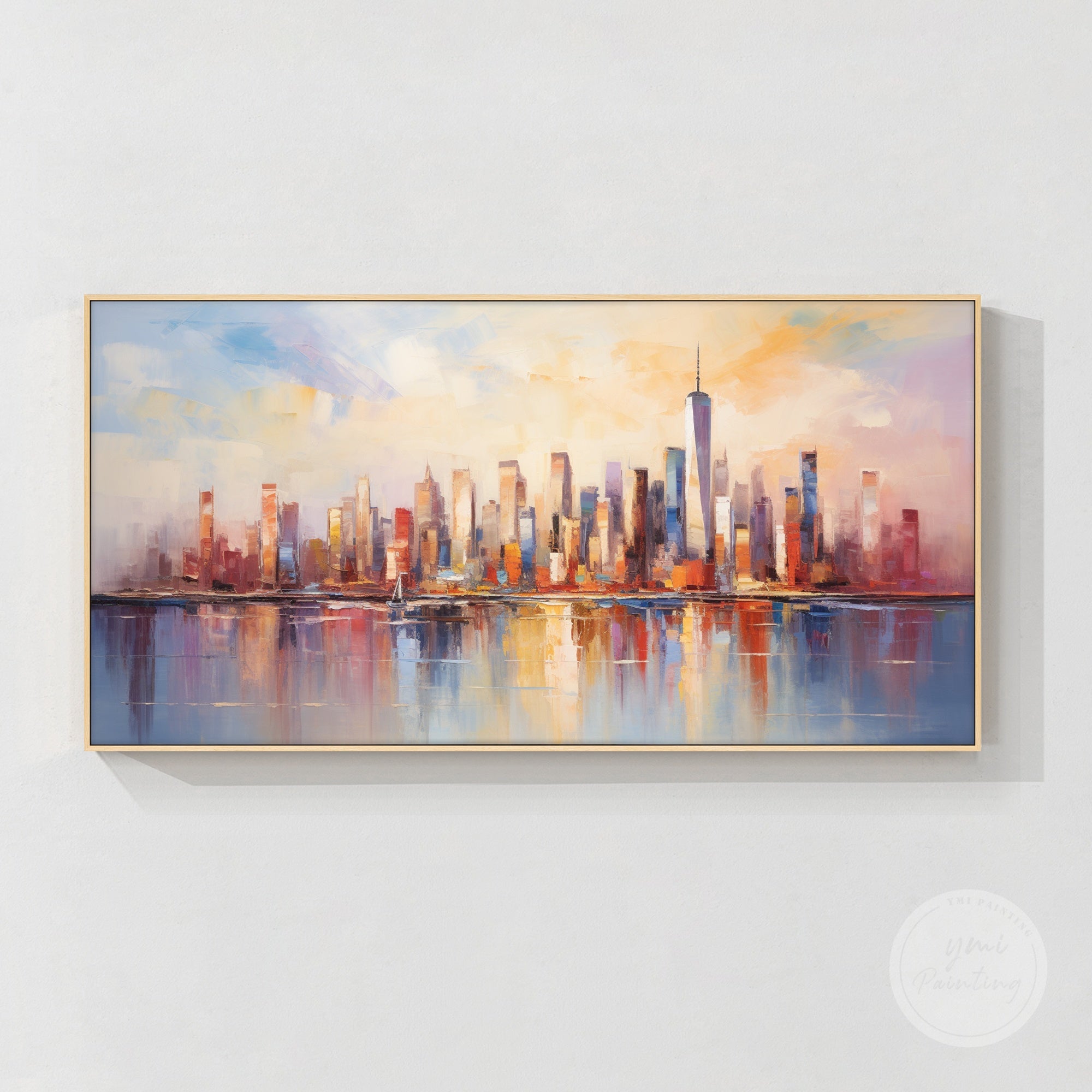 Hand-painted New York cityscape canvas art for living room decor.