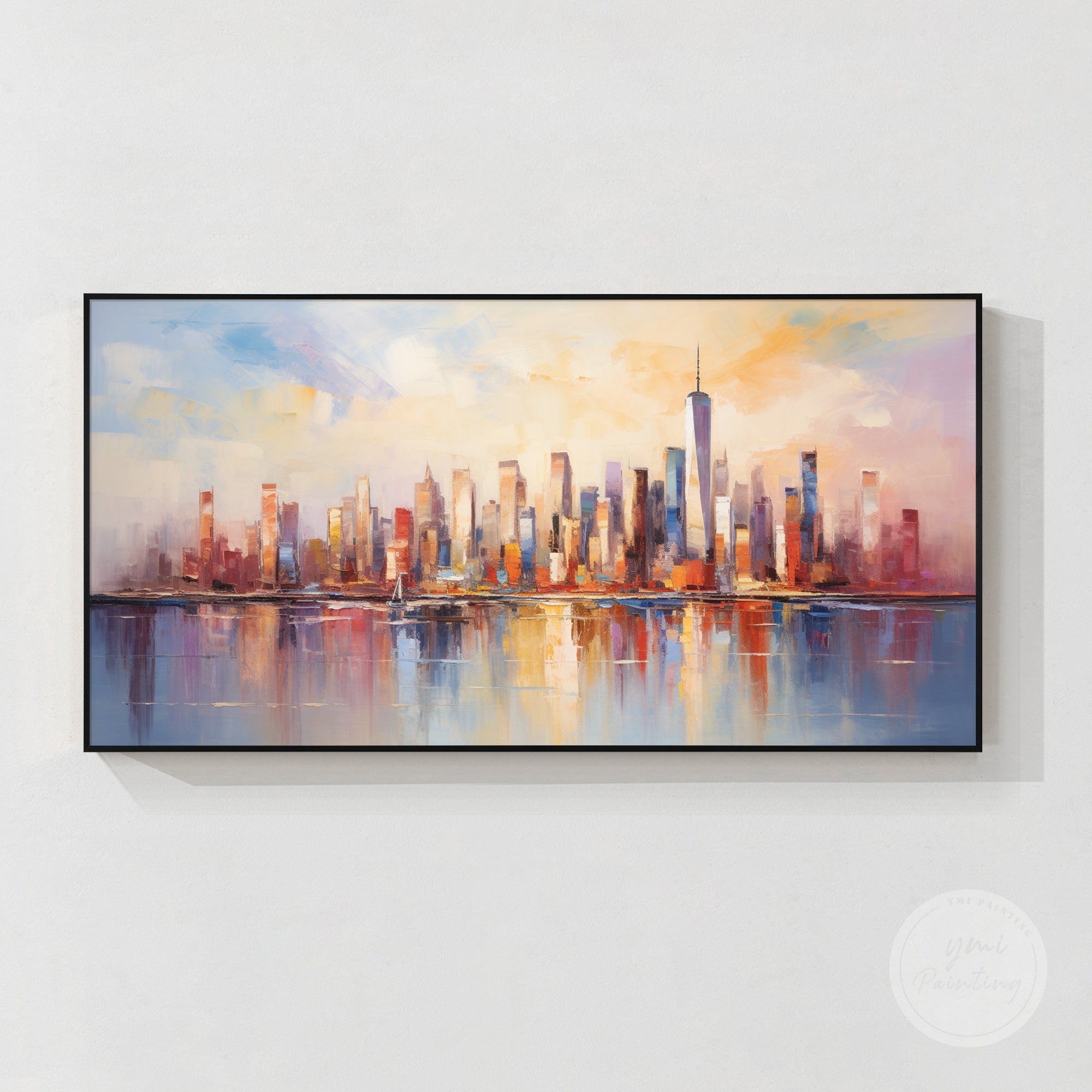Large canvas New York skyline painting with expressive brushstrokes.