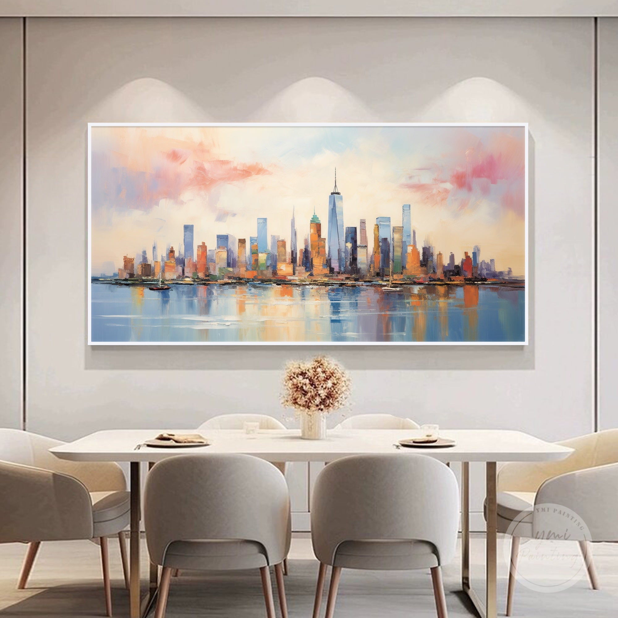 Textured NYC skyline artwork in blue and gold tones