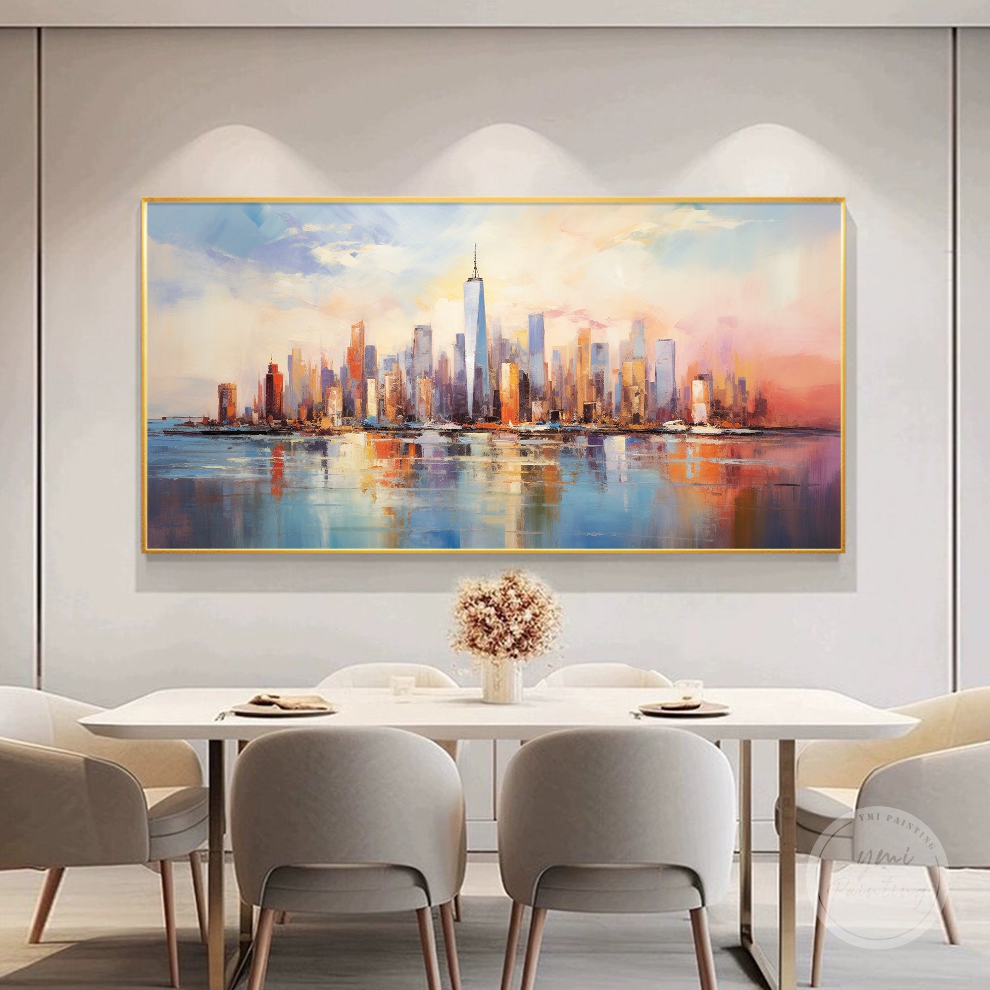 Textured abstract cityscape painting in neutral tones