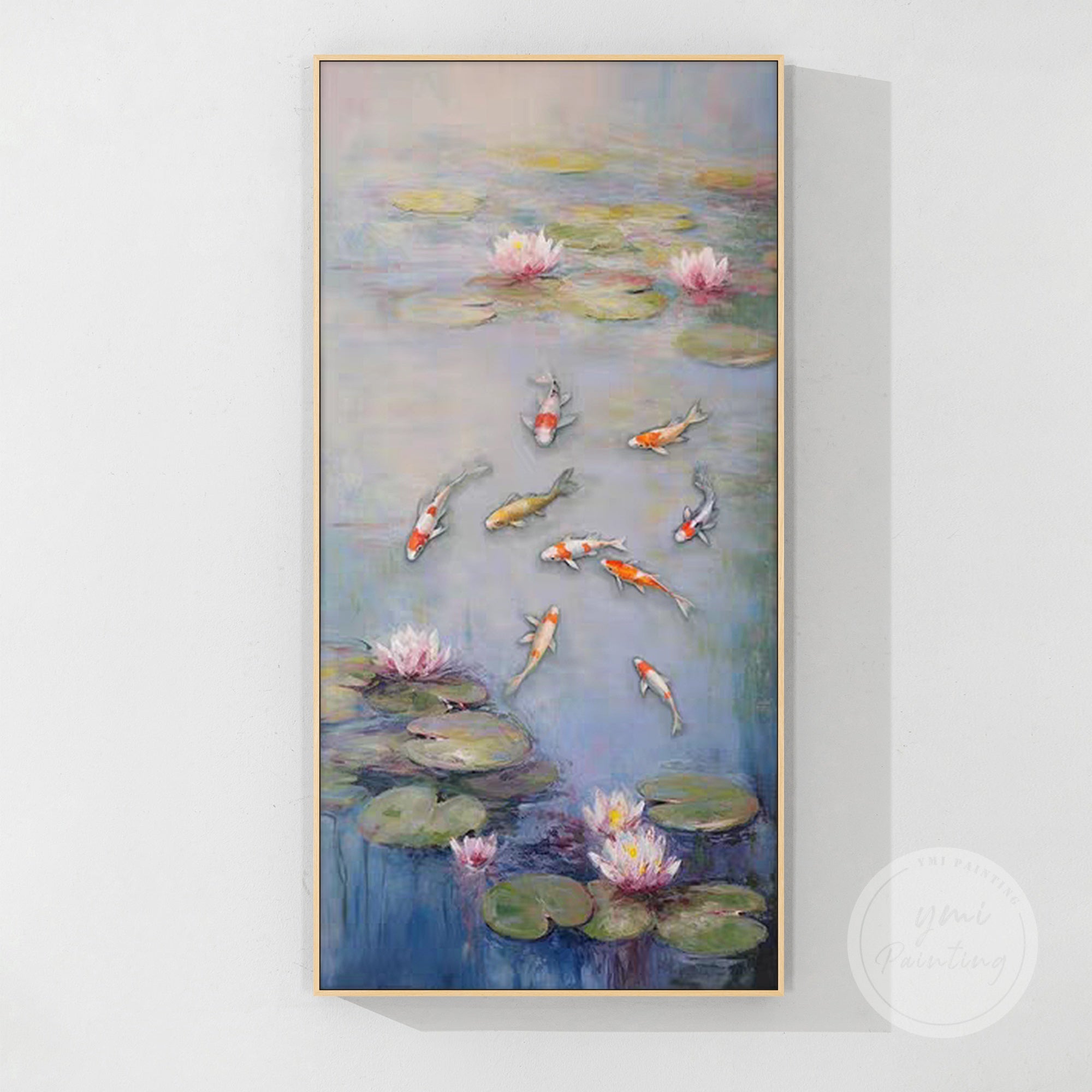 Vibrant lotus and 9 koi fish painting, a stunning feng shui oil painting that promotes positive energy and prosperity in your space.