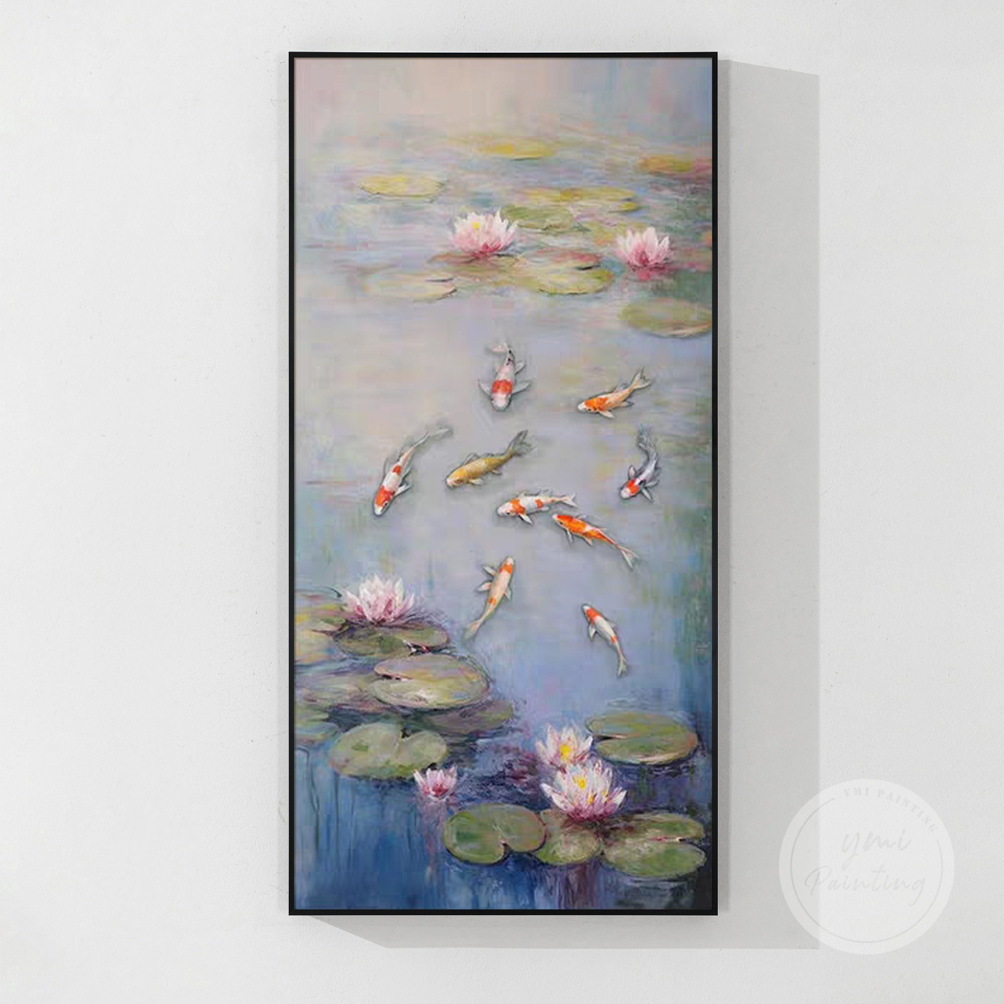 Elegant oil painting with 9 koi fish and blooming lotus flowers, ideal for adding color and spiritual balance to your home or office.