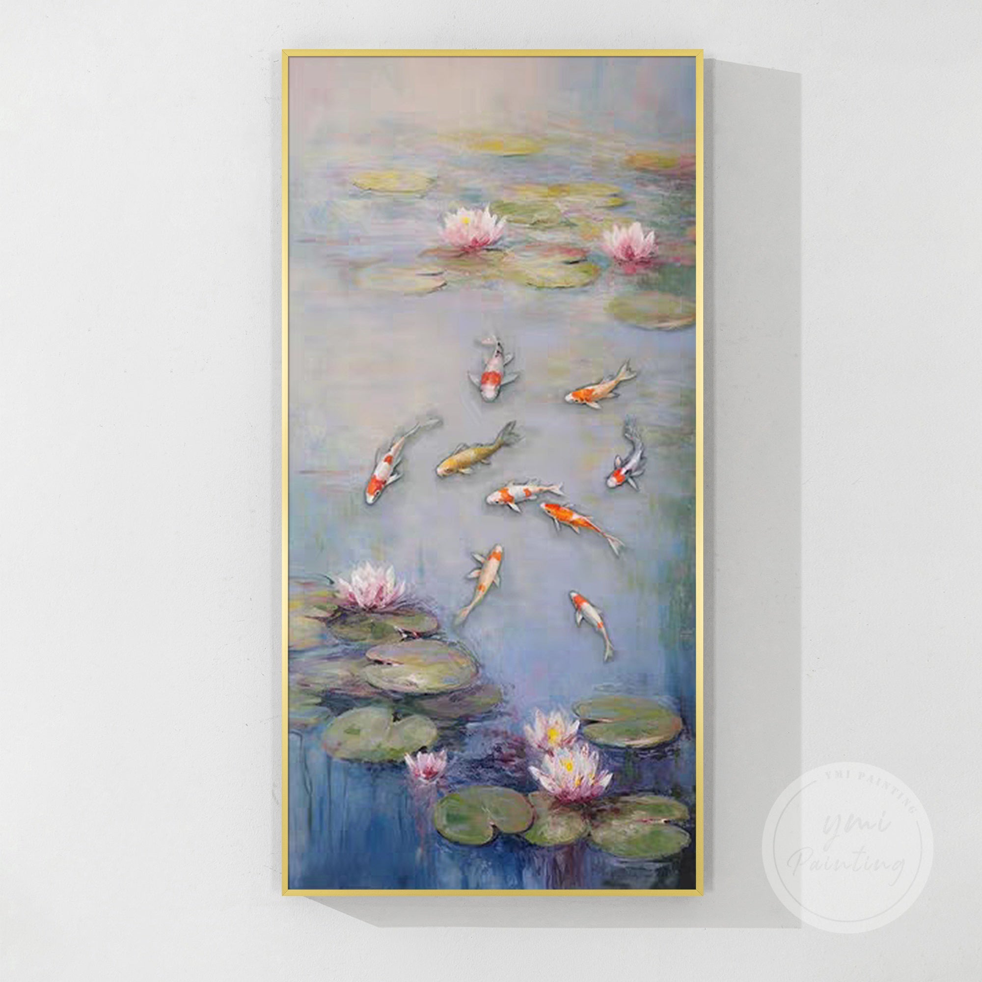 Beautiful impressionist painting of lotus flowers and 9 koi fish, perfect for a feng shui-inspired interior or meditation room.
