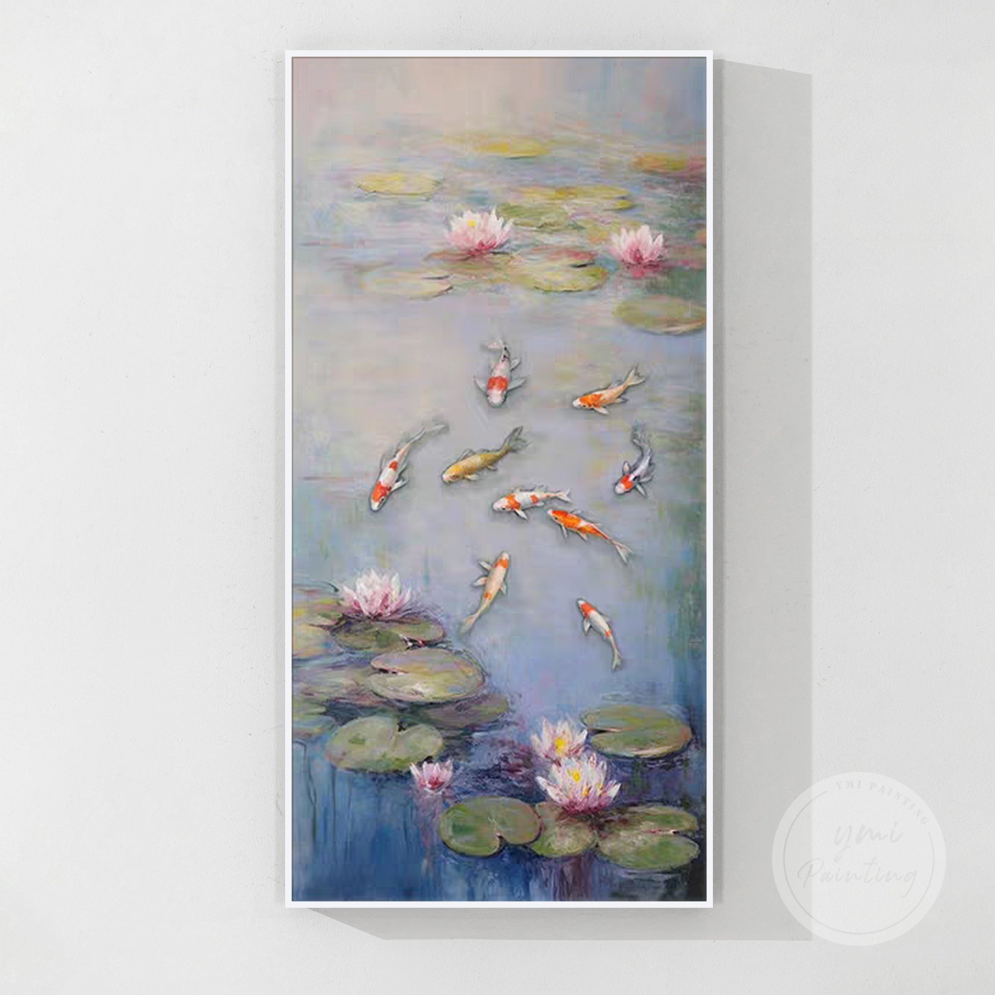 Large, textured oil painting of 9 koi fish and lotus, a serene feng shui art piece perfect for creating a peaceful atmosphere.