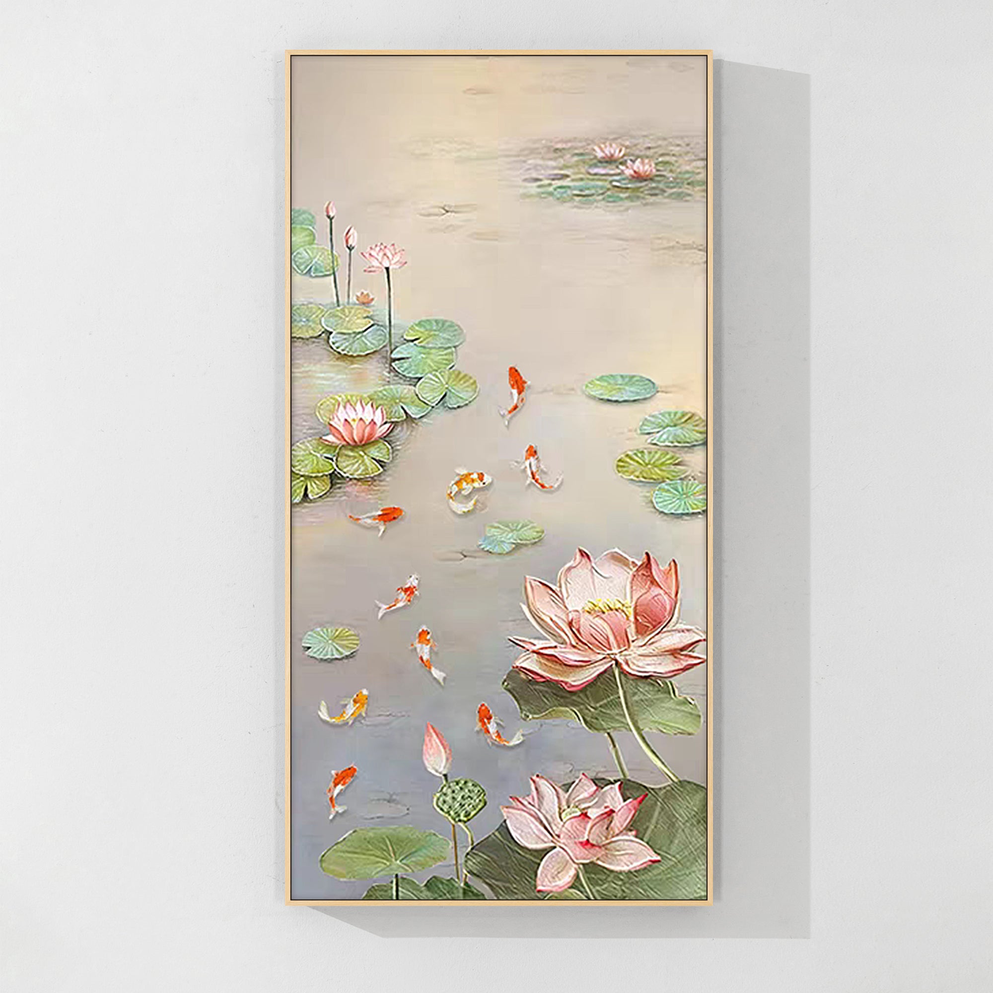Hand-painted Lotus and 9 Koi Fish Oil Painting with intricate details and vibrant colors, designed to bring good fortune, renewal, and spiritual balance.