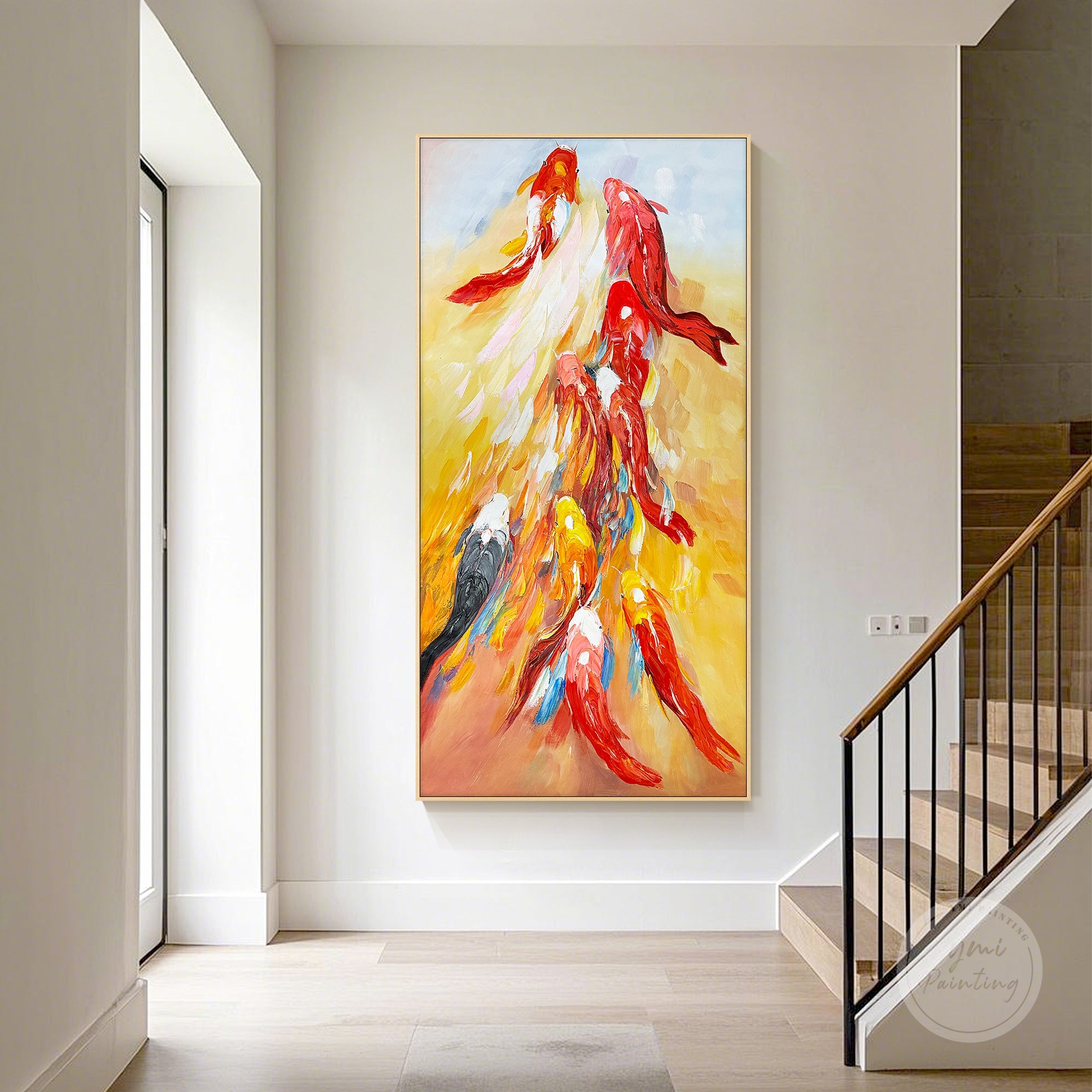 Colorful koi fish painting hanging in a dining room, festive gift for family gatherings