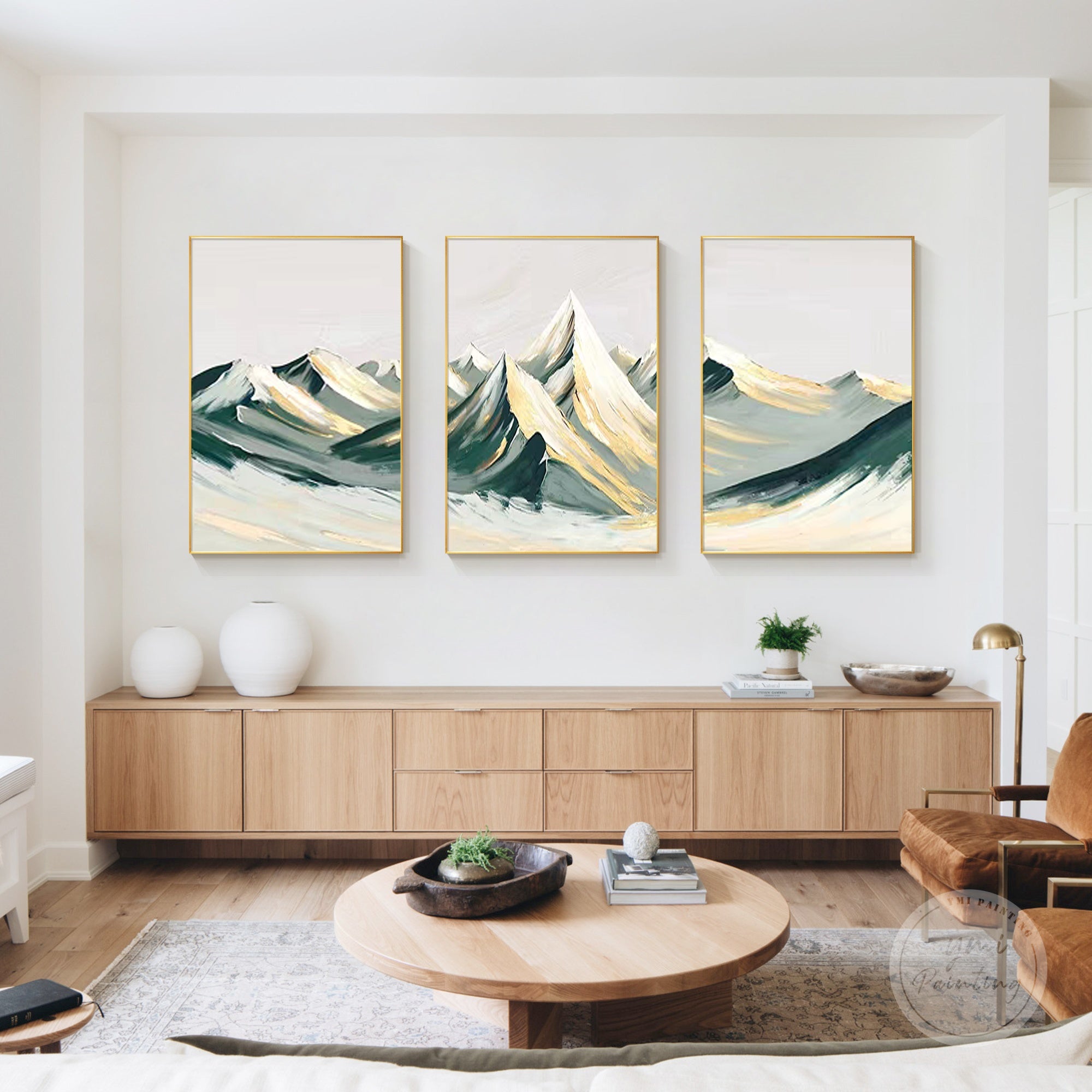 Textured mountain artwork with layers of green, teal, and metallic gold for a bold statement.