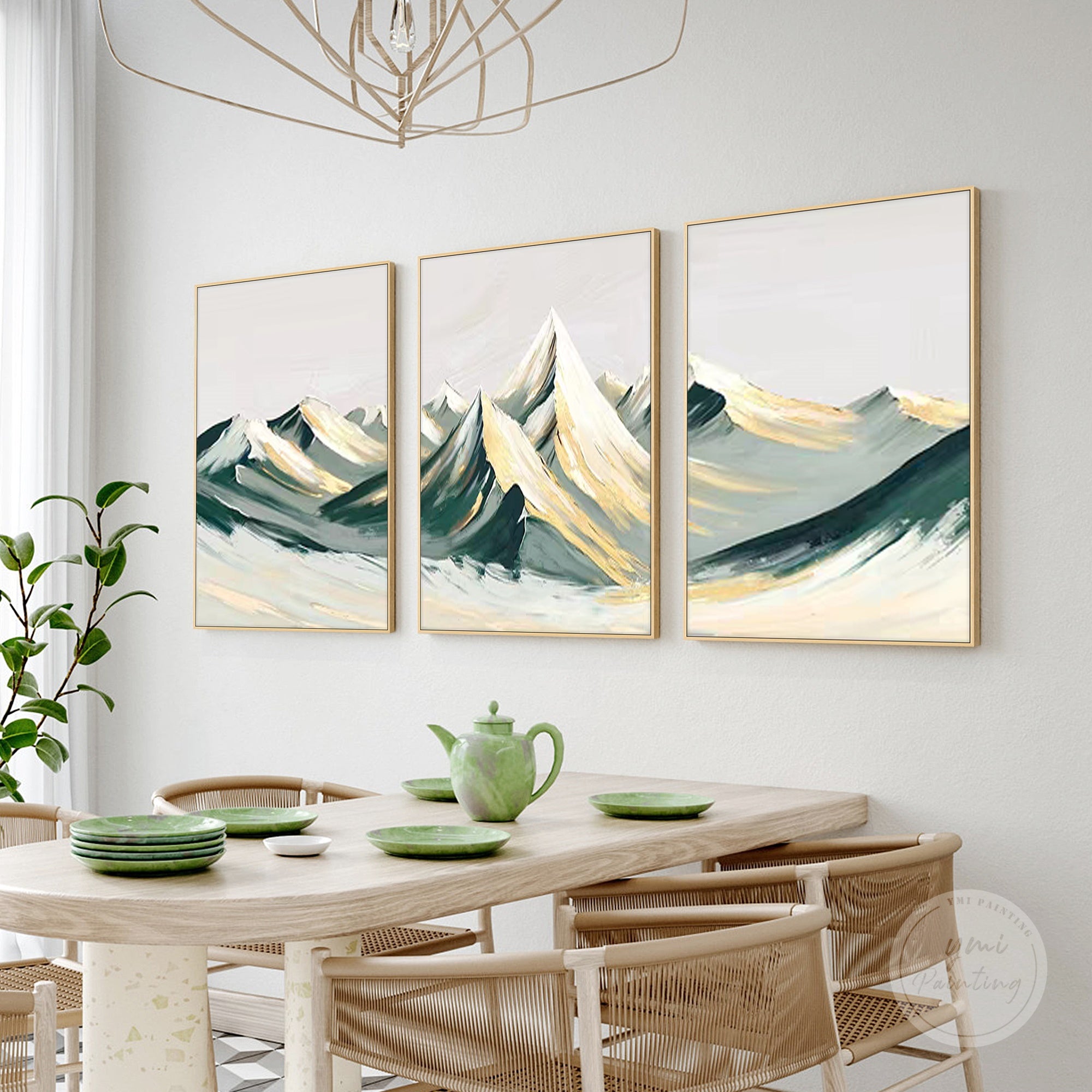 Contemporary palette knife abstract mountain art with deep green and gold accents.