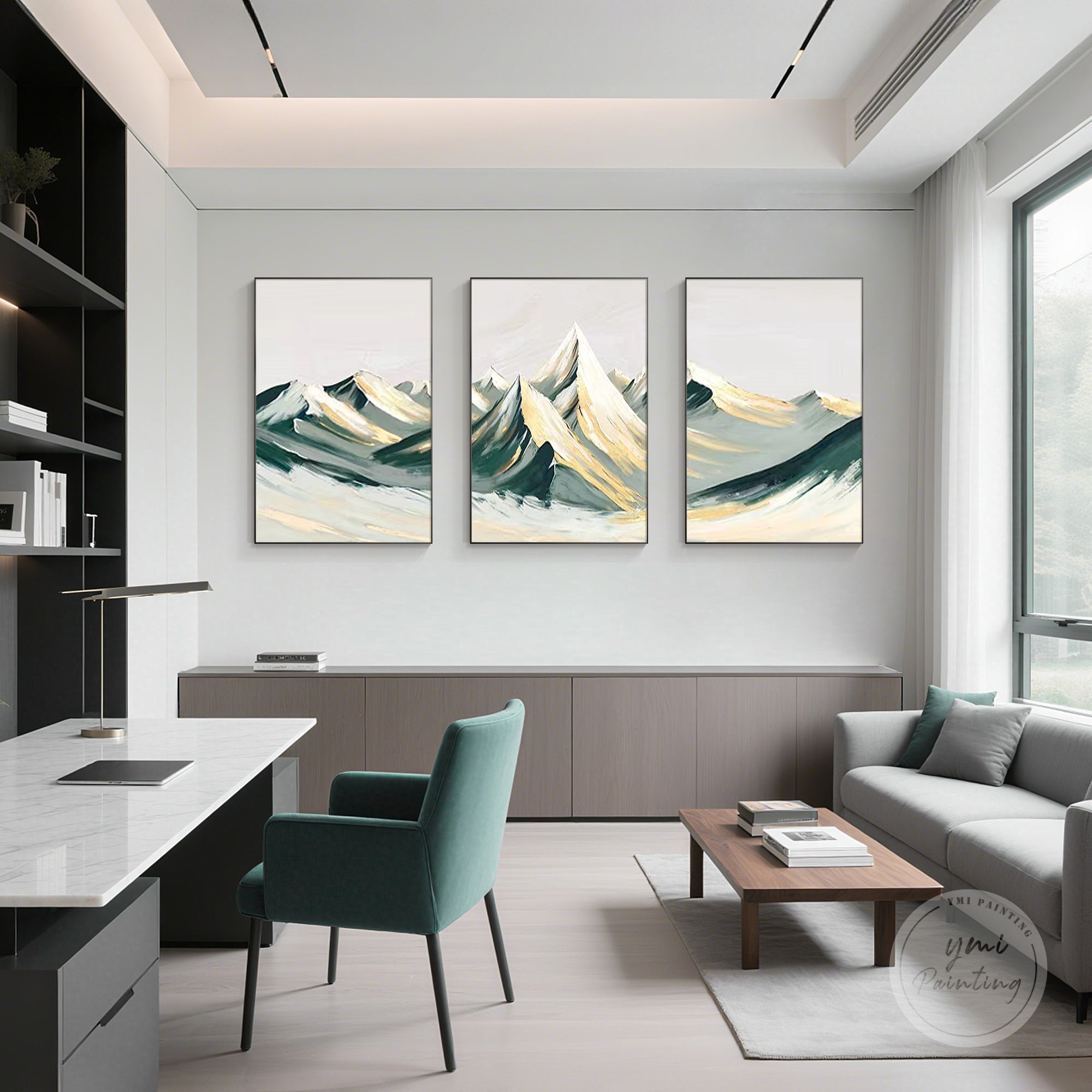Large mountain wall art set in three pieces with teal, green, and gold highlights.