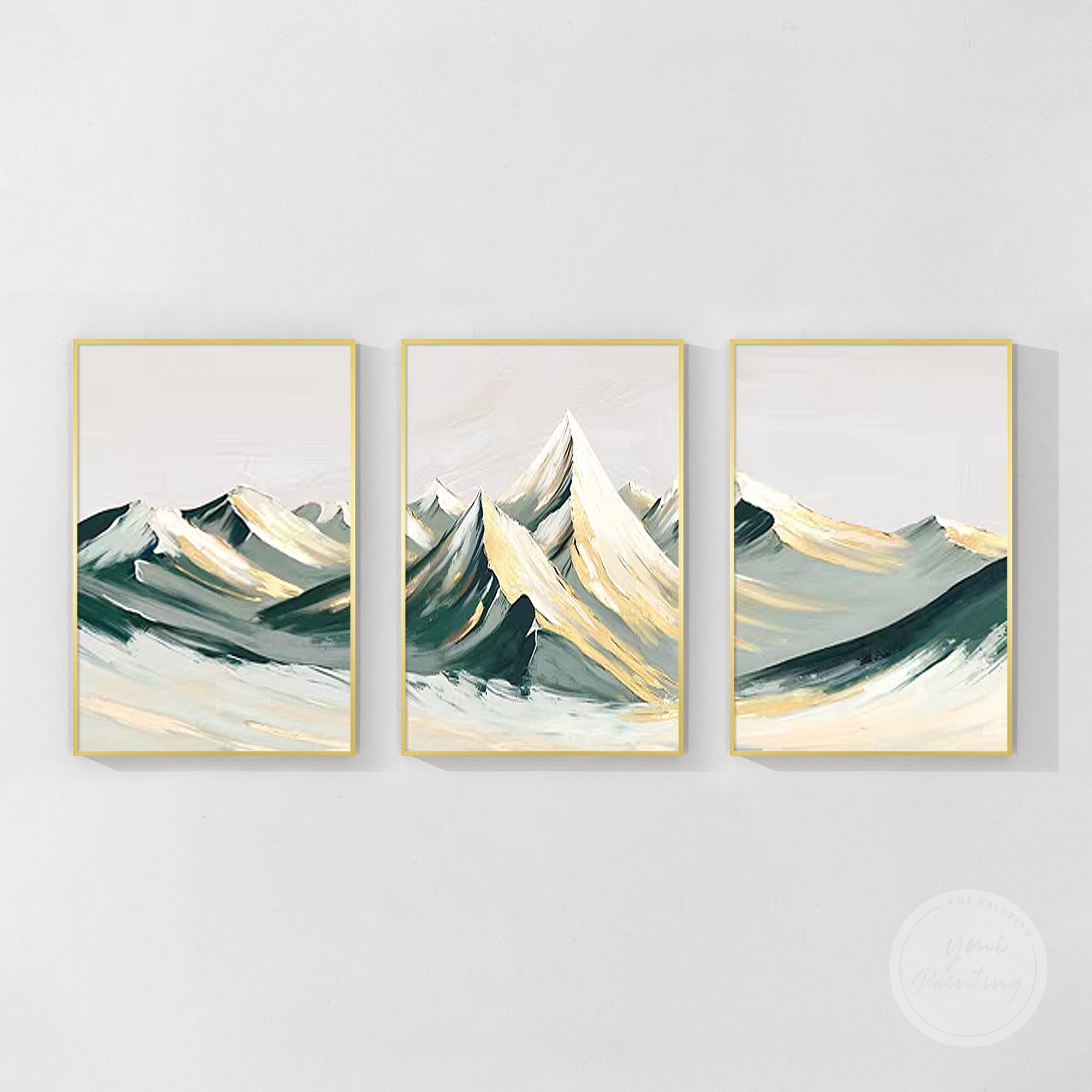 Dramatic mountain artwork with textured layers in vibrant green and gold hues.