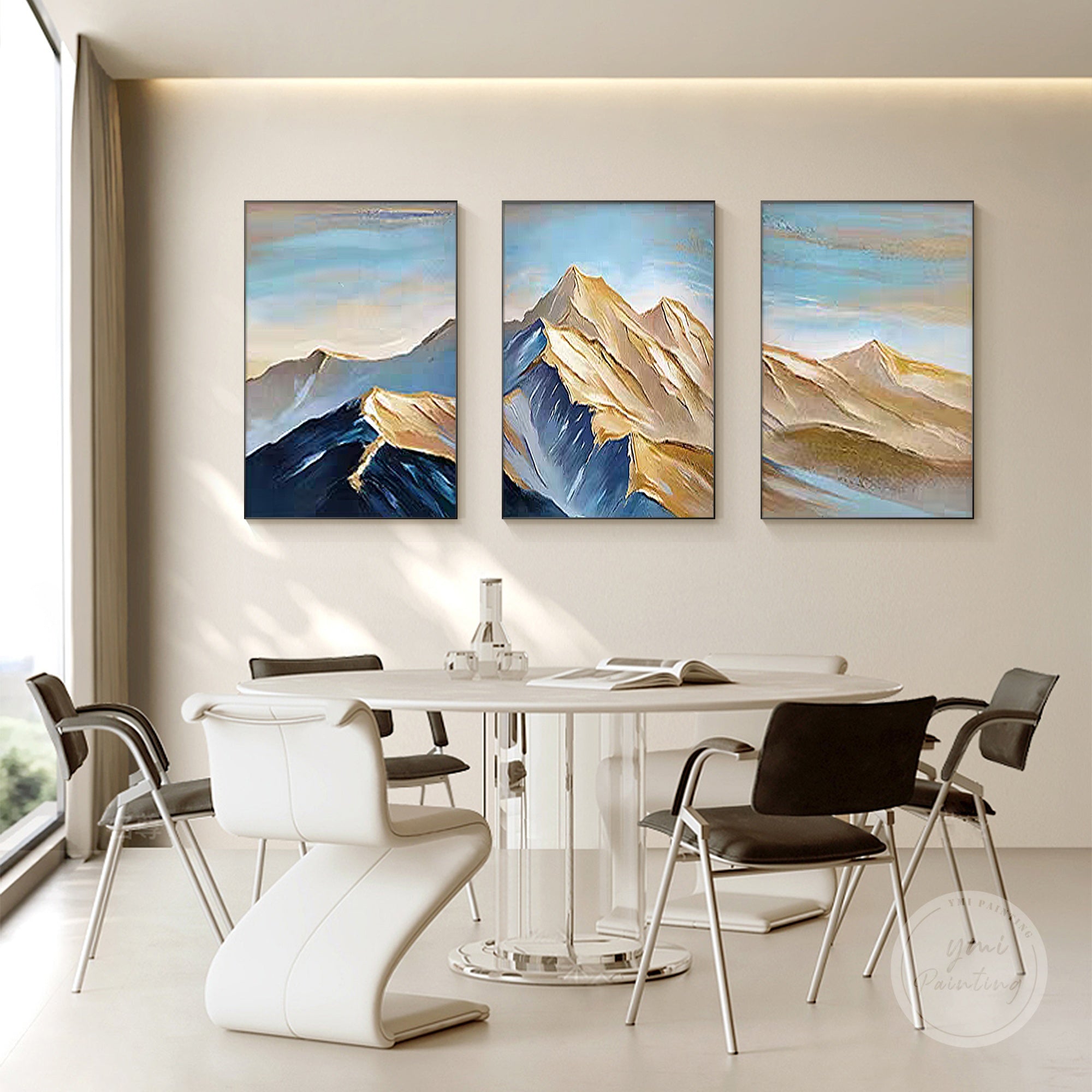 Contemporary palette knife abstract mountain art set with elegant blue and gold hues.