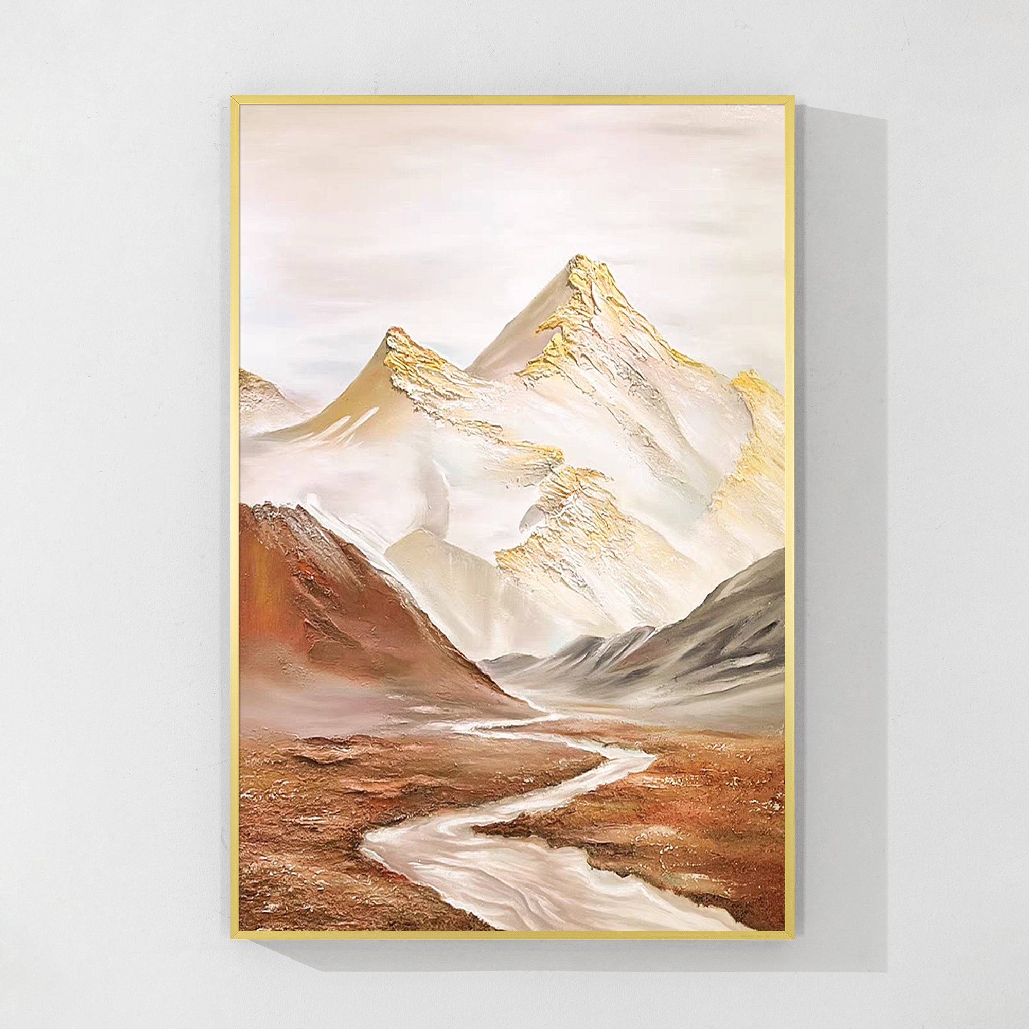 Warm ochre valley and gold snowy peaks in this luxurious mountain landscape painting, bringing sophisticated beauty to any home.