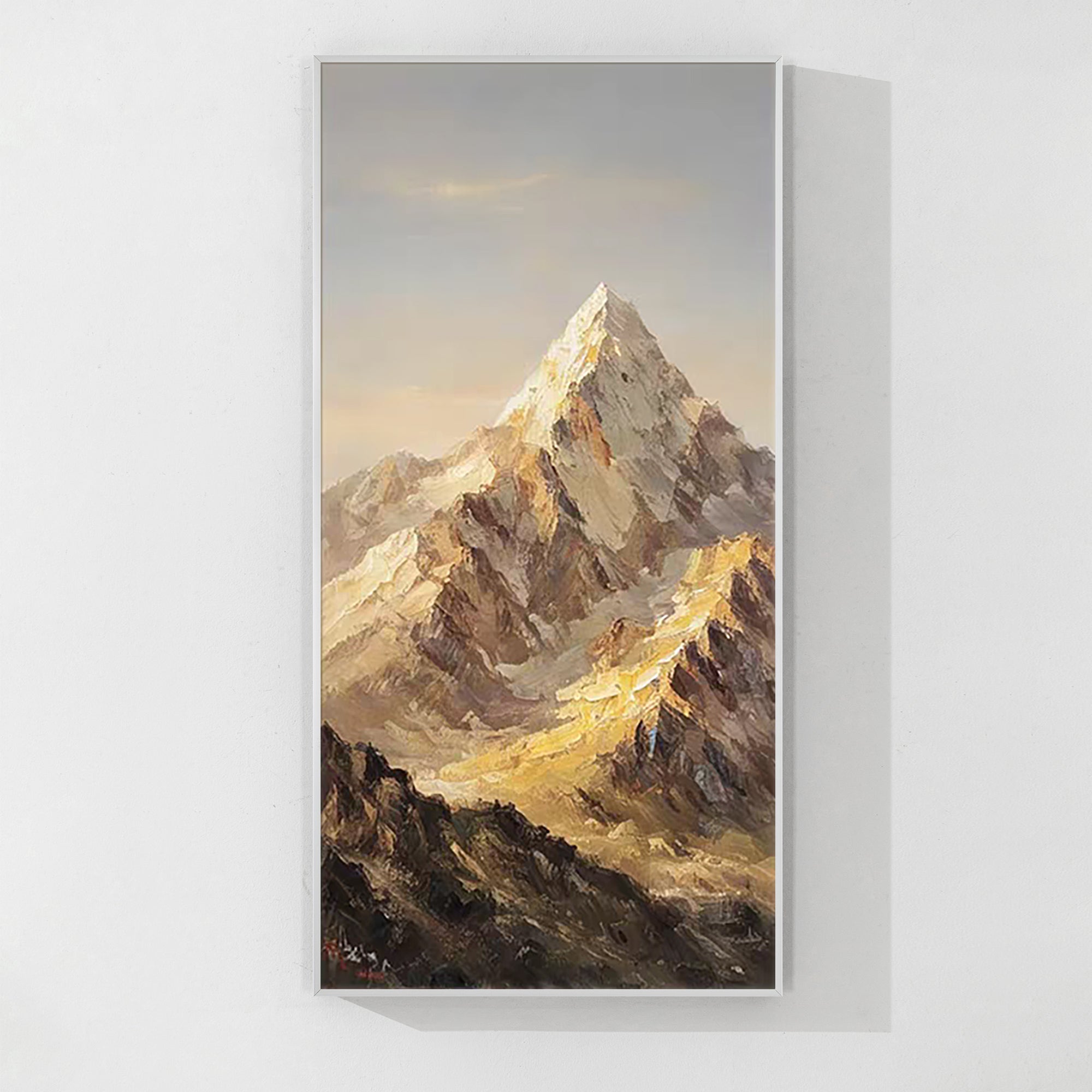 Warm sunset mountain painting in gold and brown tones, perfect for gifting to art lovers, great for adding charm to offices or modern living rooms.
