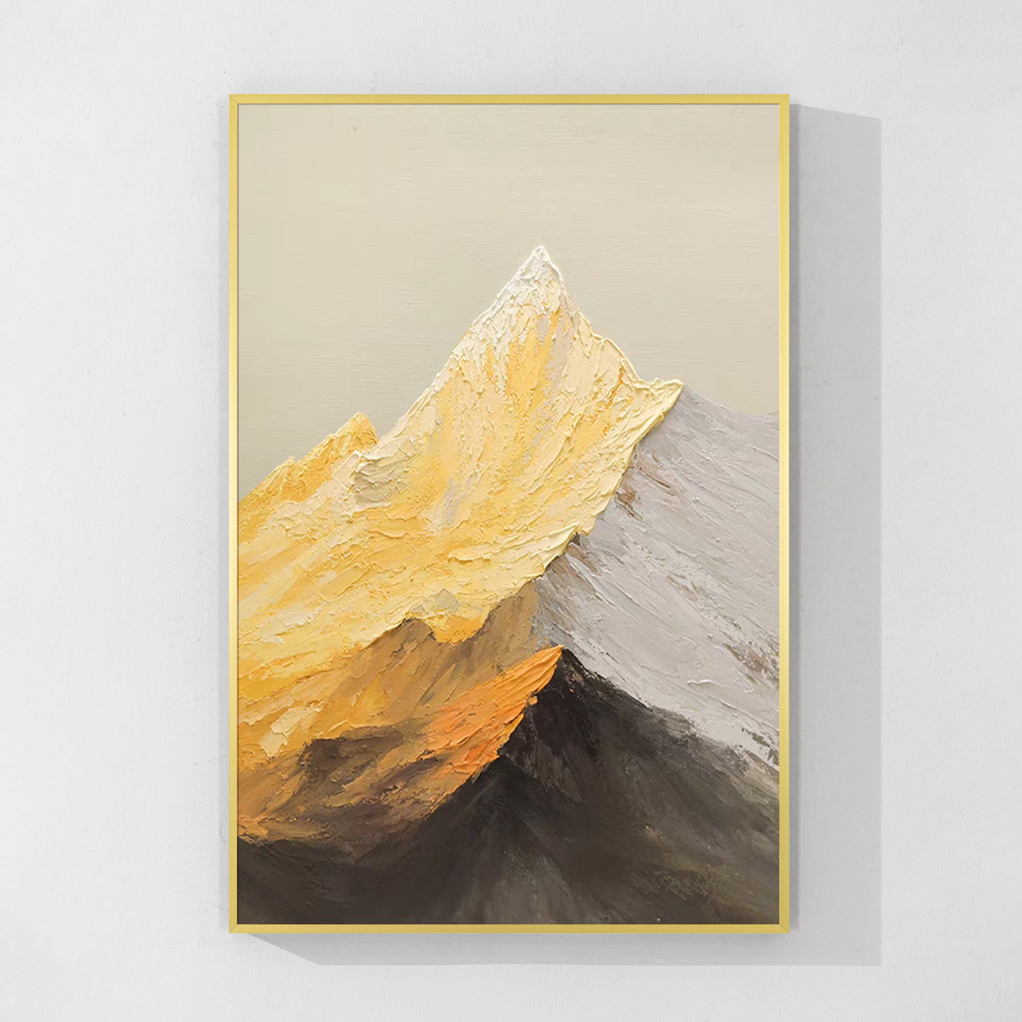 Original gold mountain art in rich twilight tones, hand-painted with palette knife strokes, a refined anniversary gift and a stunning addition above the sofa or in a personal library.