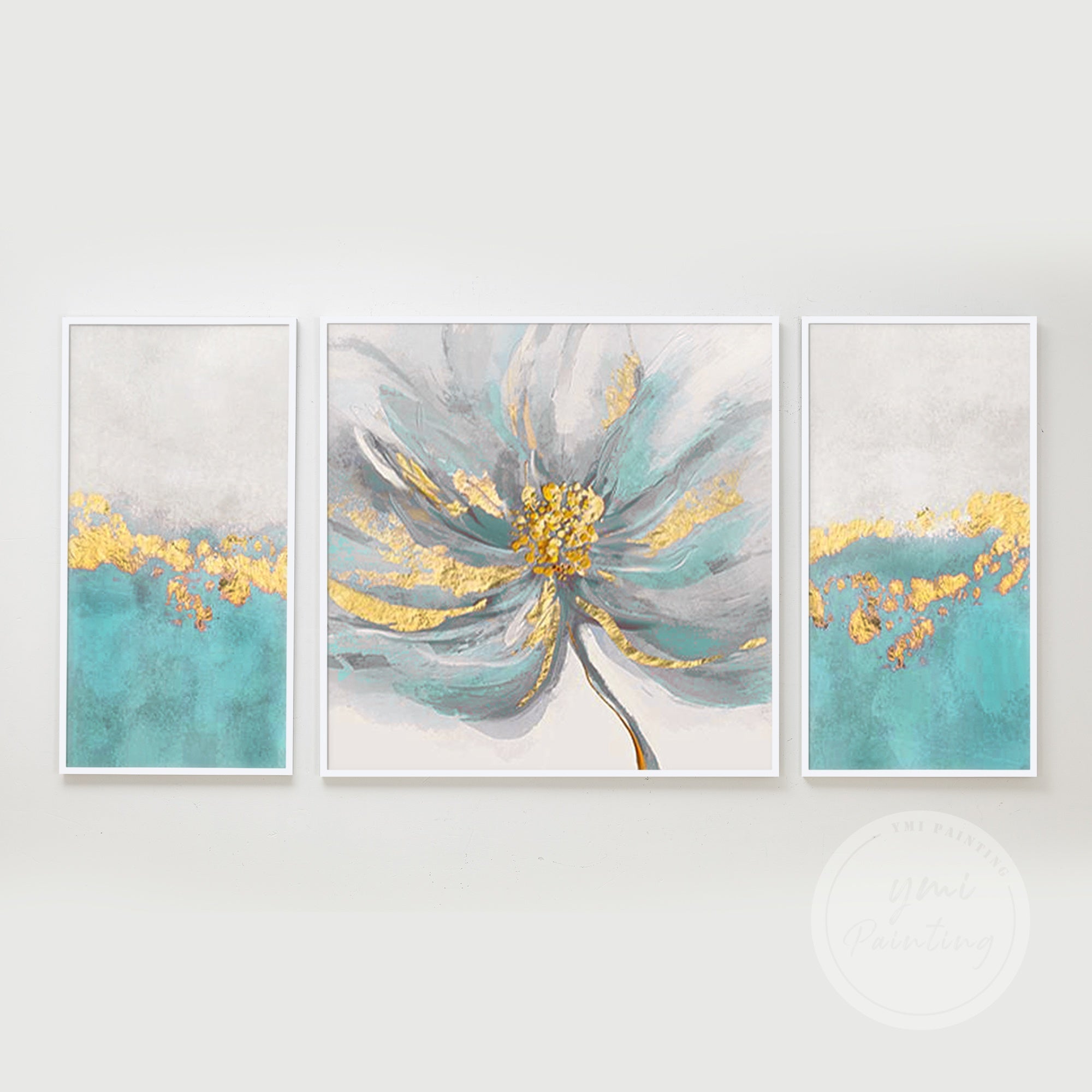 Set of 3 Teal and Gray Flower Wall Painting