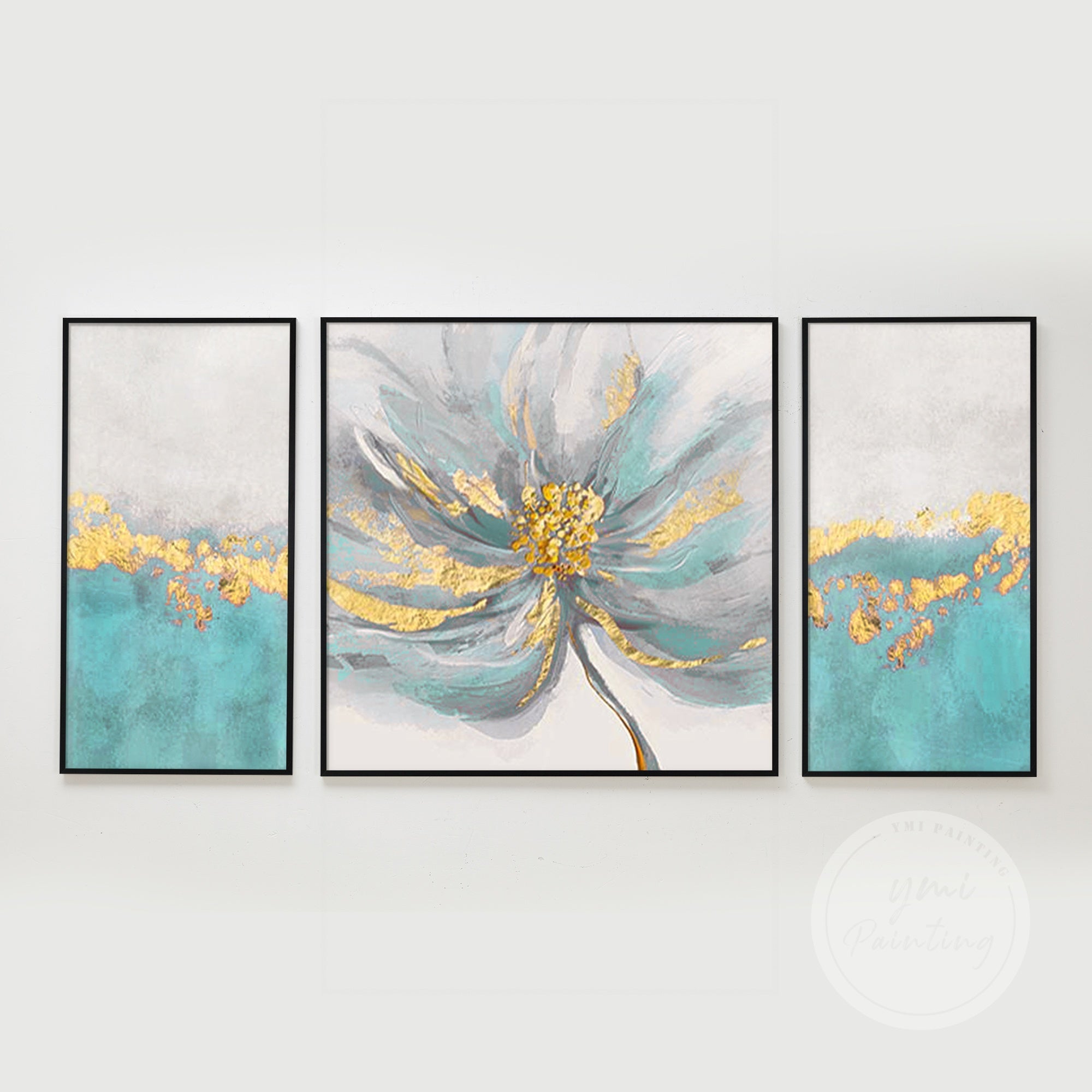 Set of 3 Teal and Gray Flower Wall Painting