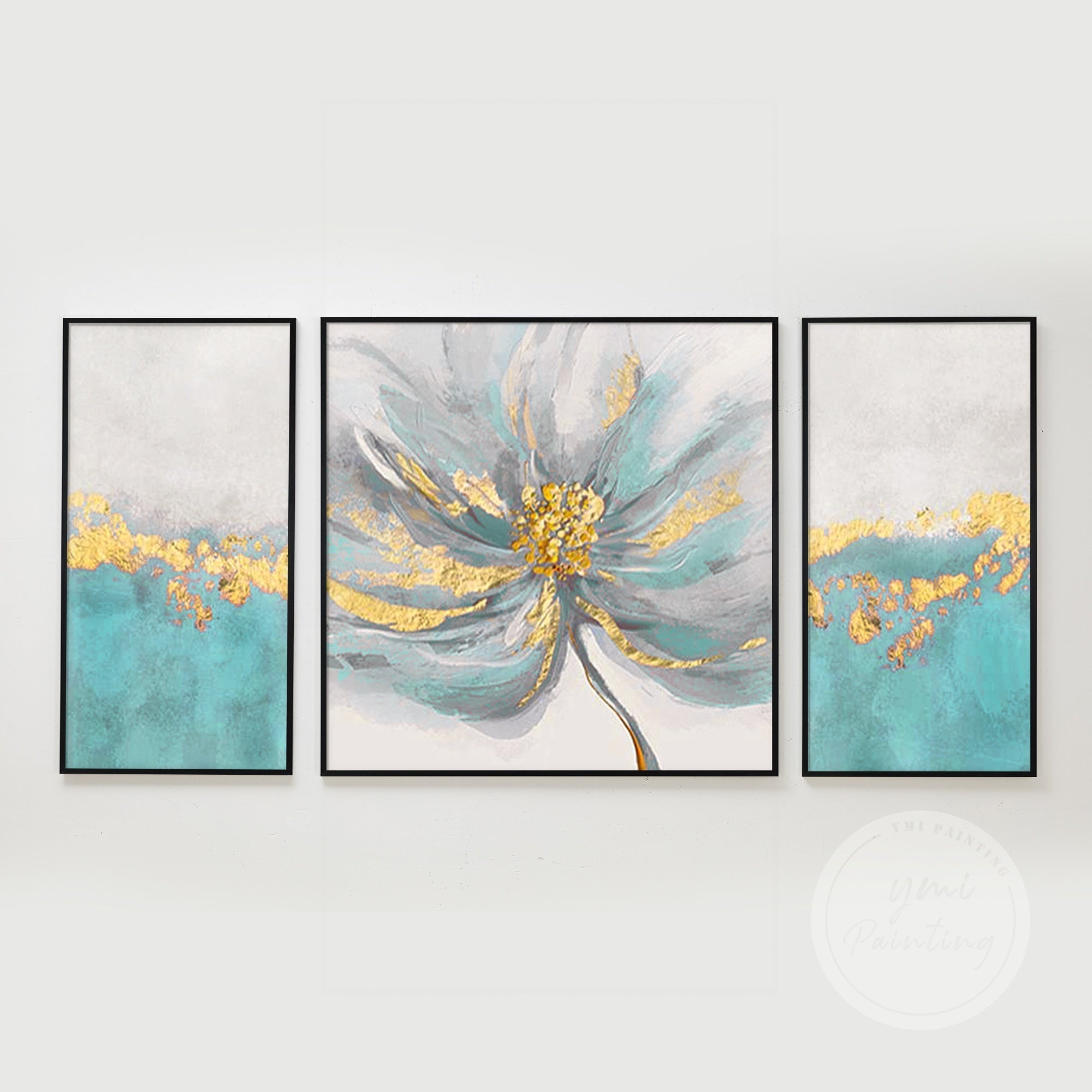 Set of 3 Teal Flower Art #YFL010
