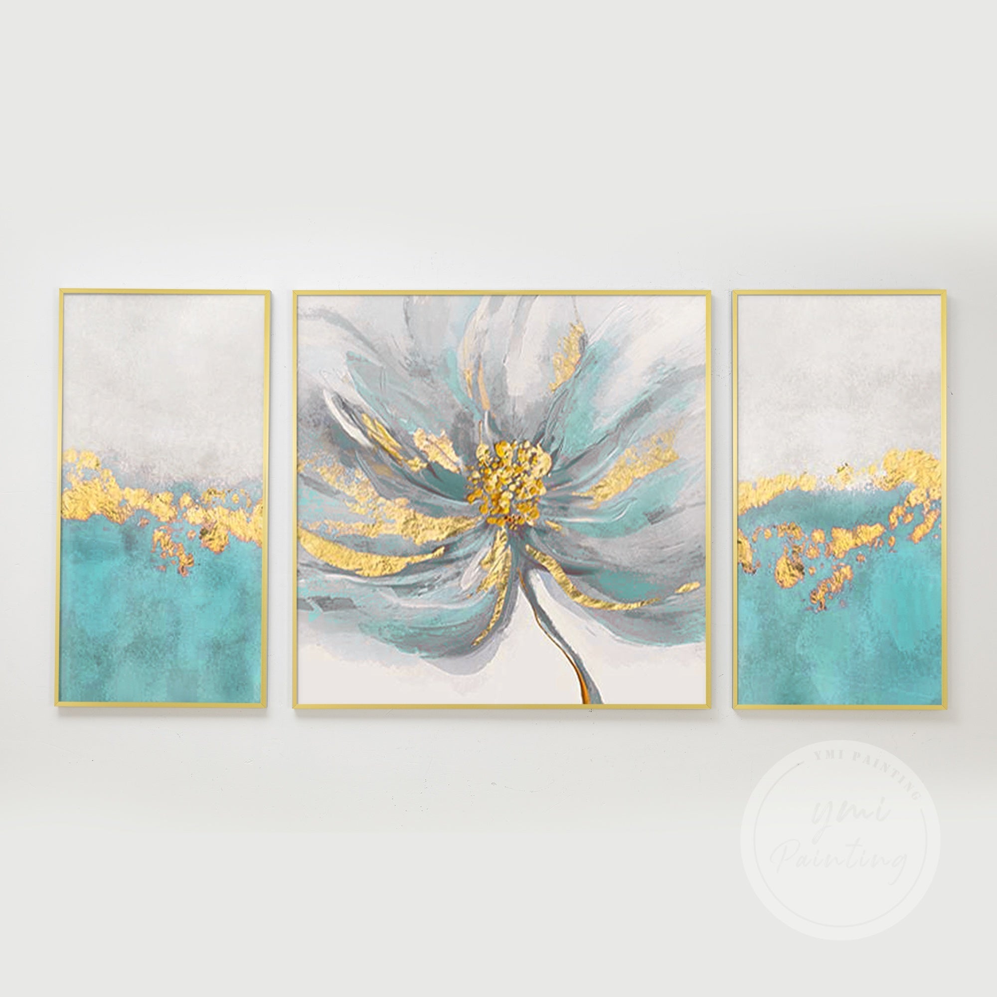 Set of 3 Teal Flower Art #YFL010