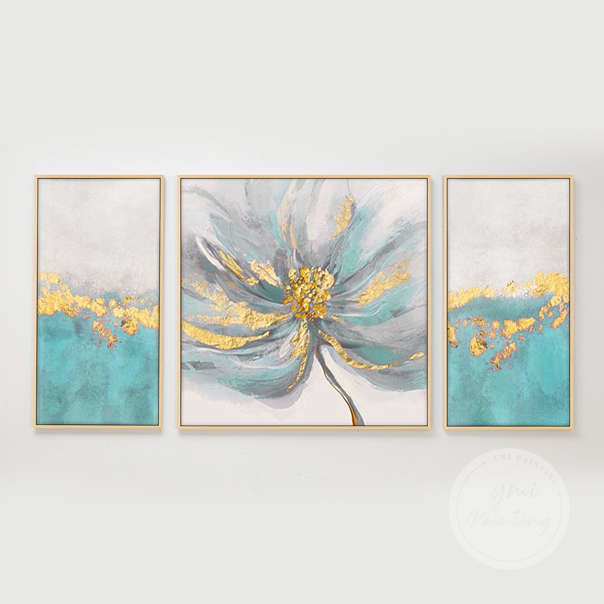 Set of 3 Teal Flower Art #YFL010