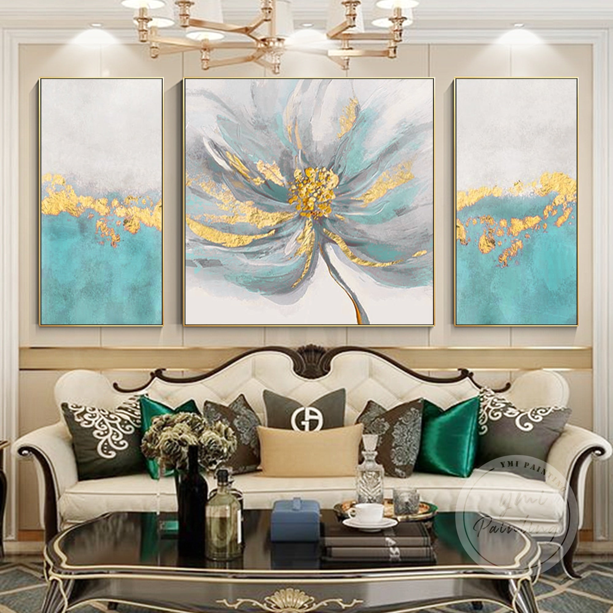 Set of 3 Teal Flower Art #YFL010