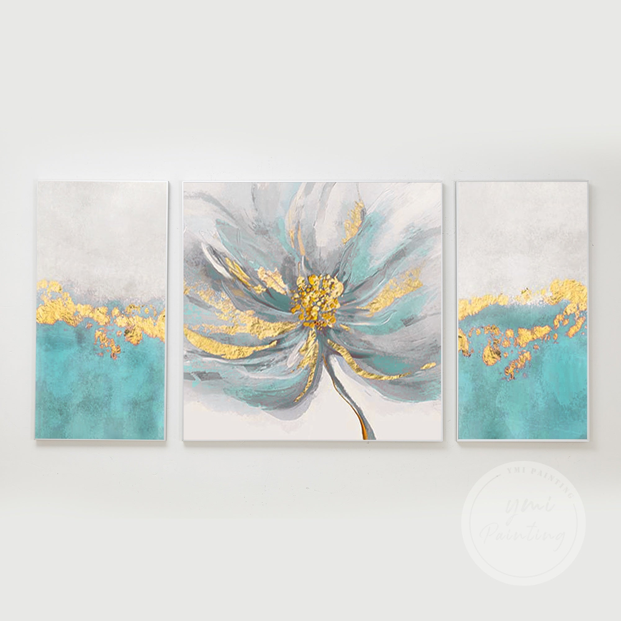 Set of 3 Teal and Gray Flower Wall Painting