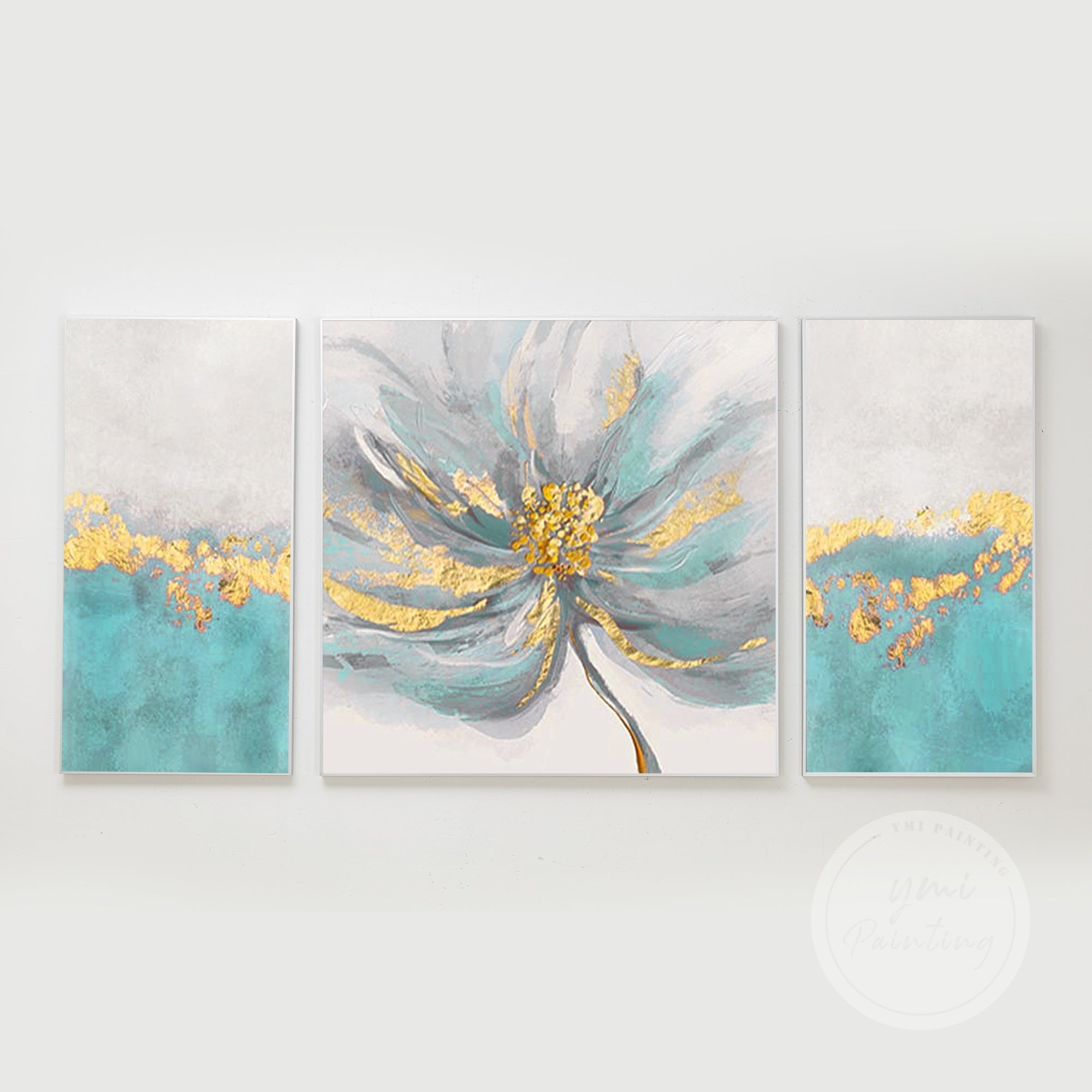 Set of 3 Teal Flower Art #YFL010