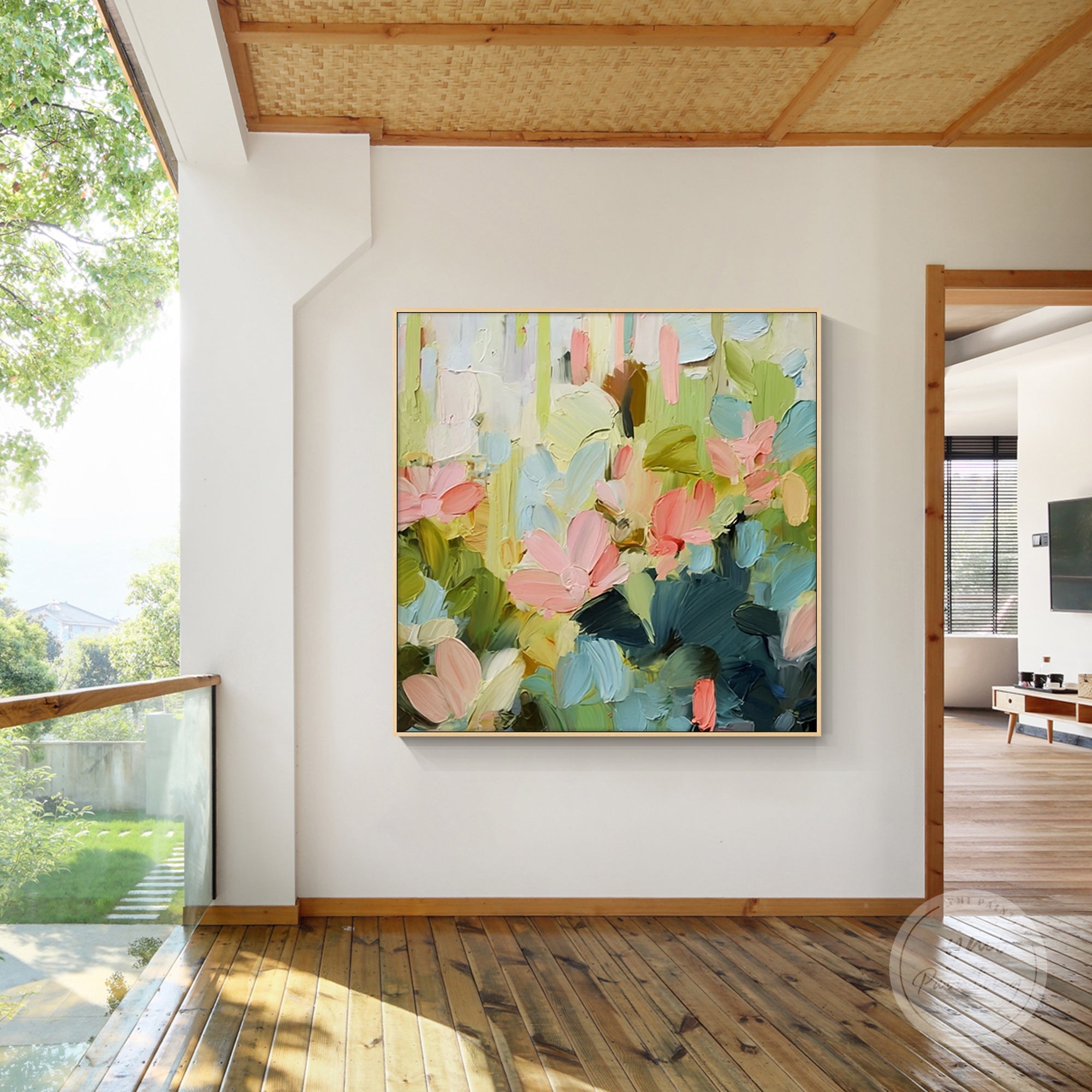 Handcrafted flower canvas painting with intricate textures, ideal for living room decoration.
