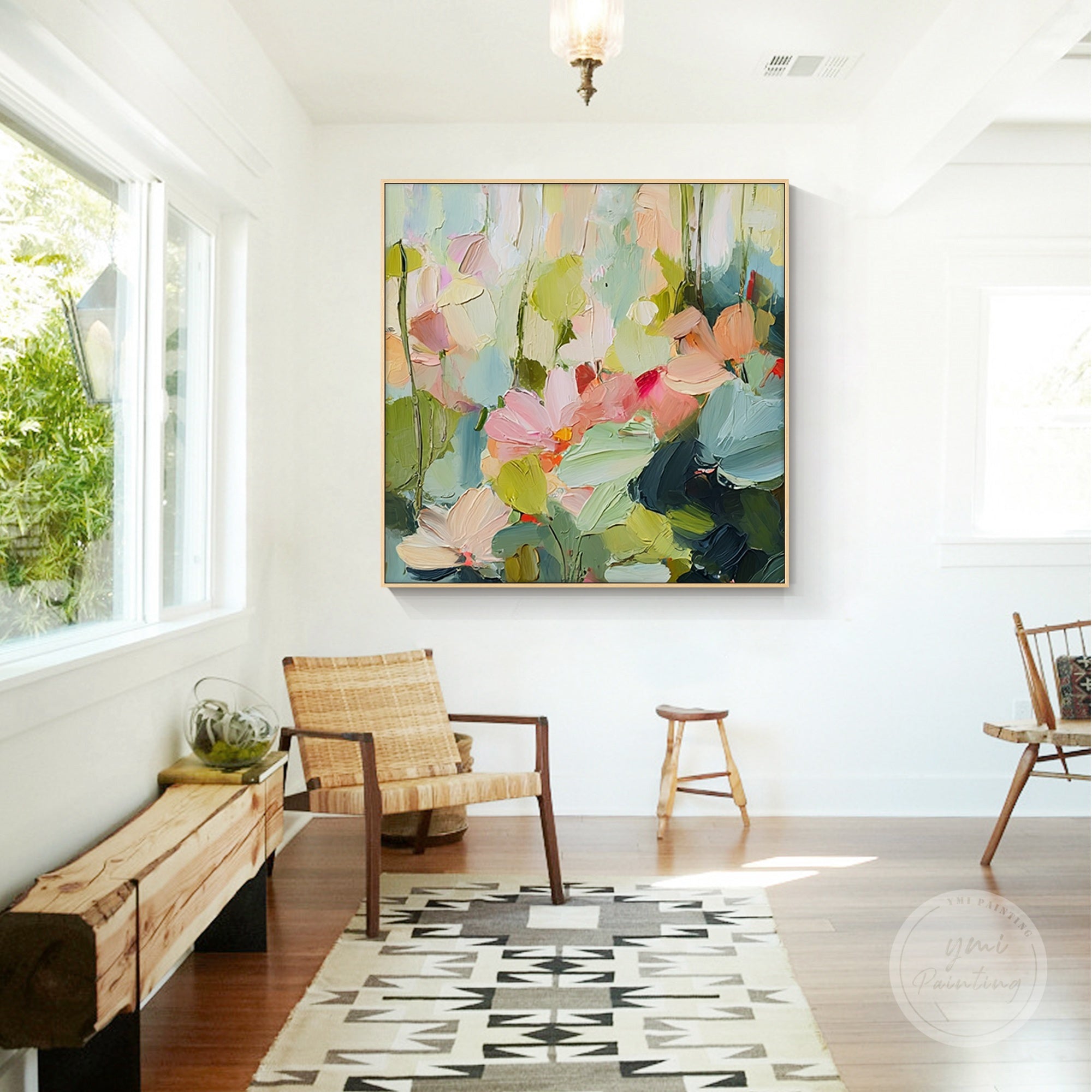 Large flower painting with textured layers, ideal for contemporary wall art.