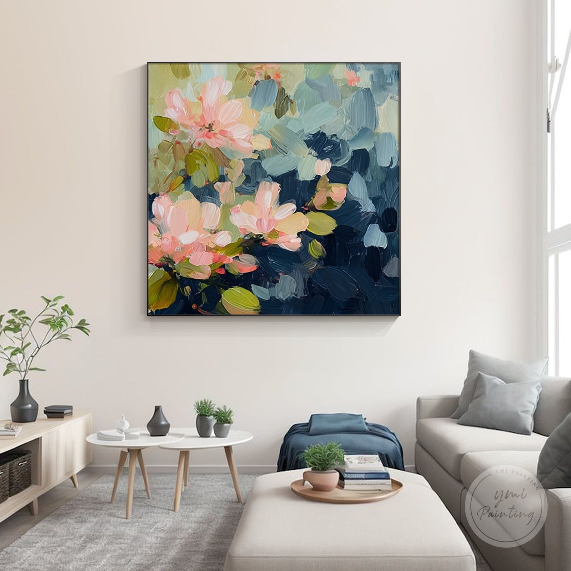 Hand-painted square flower art in navy and pink tones, ideal for modern interiors.