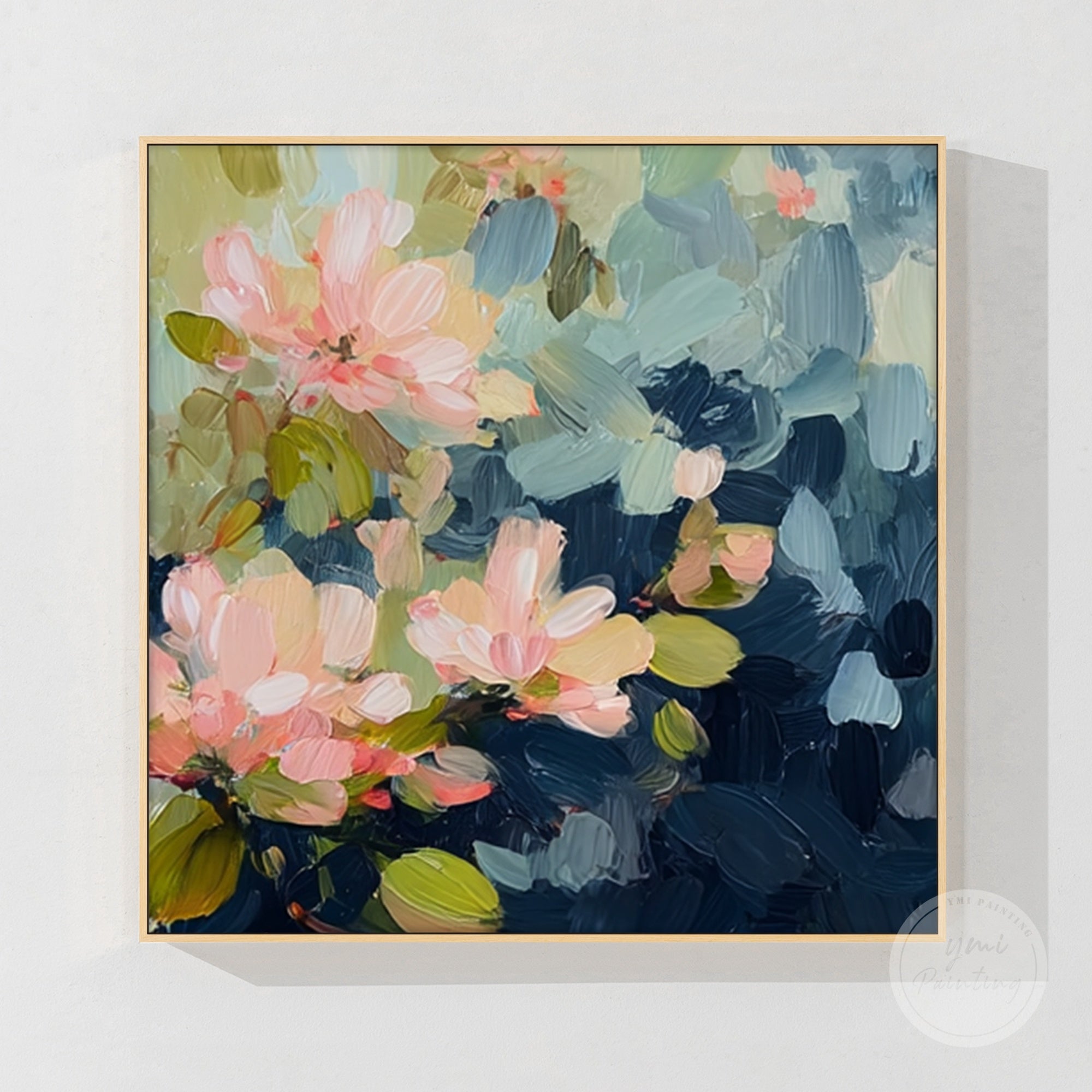 Elegant flower painting in navy and pink, ideal for adding sophistication to your bedroom.